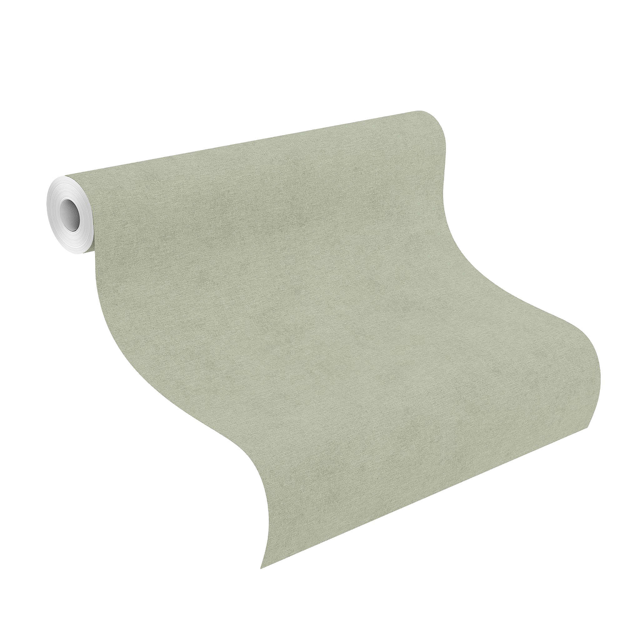 10-408171 Rolle abgerollt 1 Unrolled wallpaper roll with Wallpaper in pale sage green with a fine, woven texture