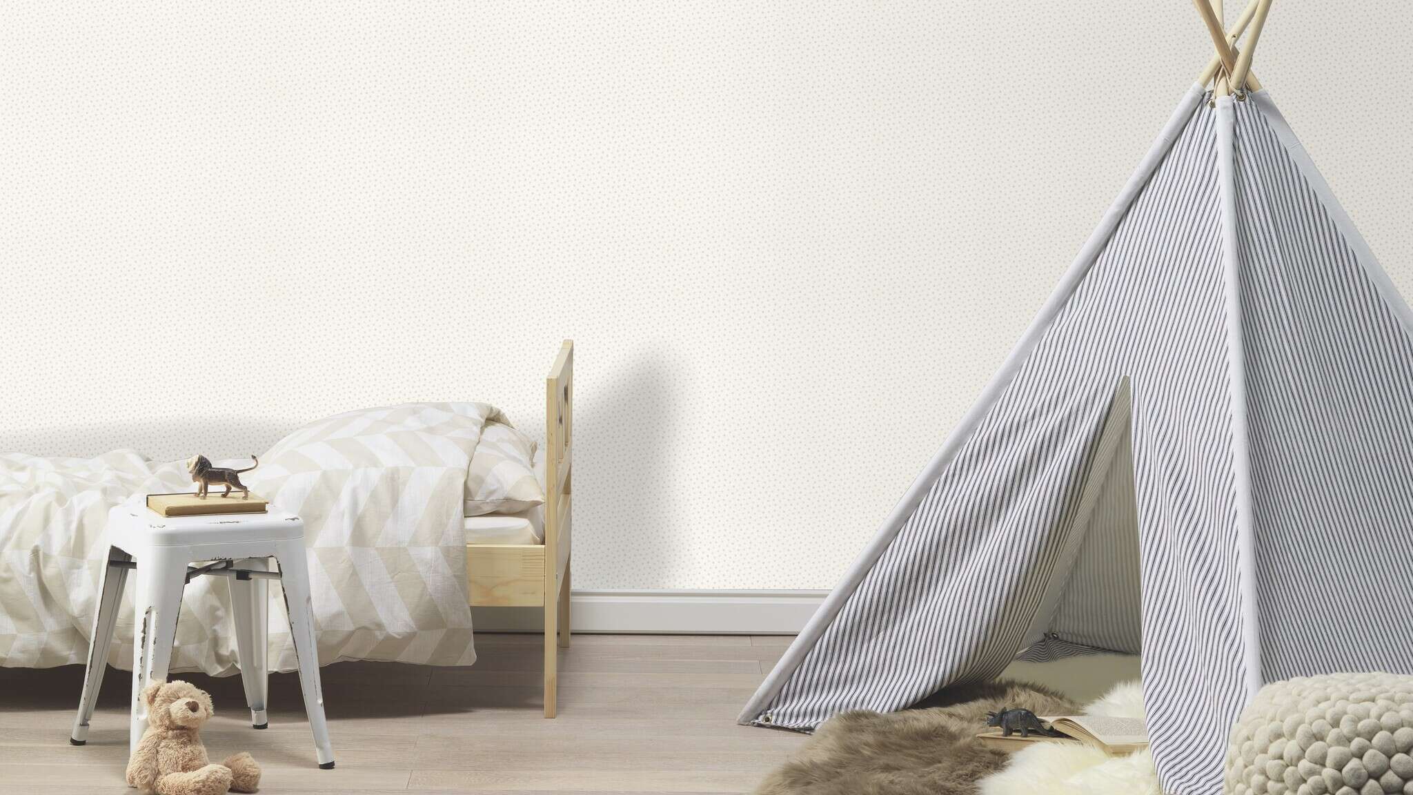 10-253030 Raumsituationen 2 Room with Subtle dot wallpaper with a regular pattern of small grey dots on a light background