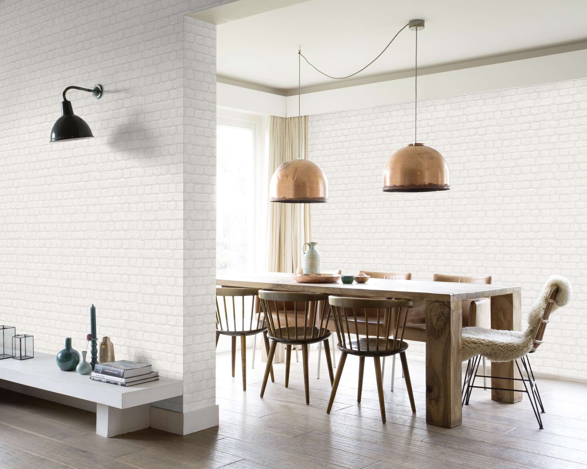 10-201710 Raumsituationen 2 Room with Wallpaper with a three-dimensional brick pattern in white for a bright loft look