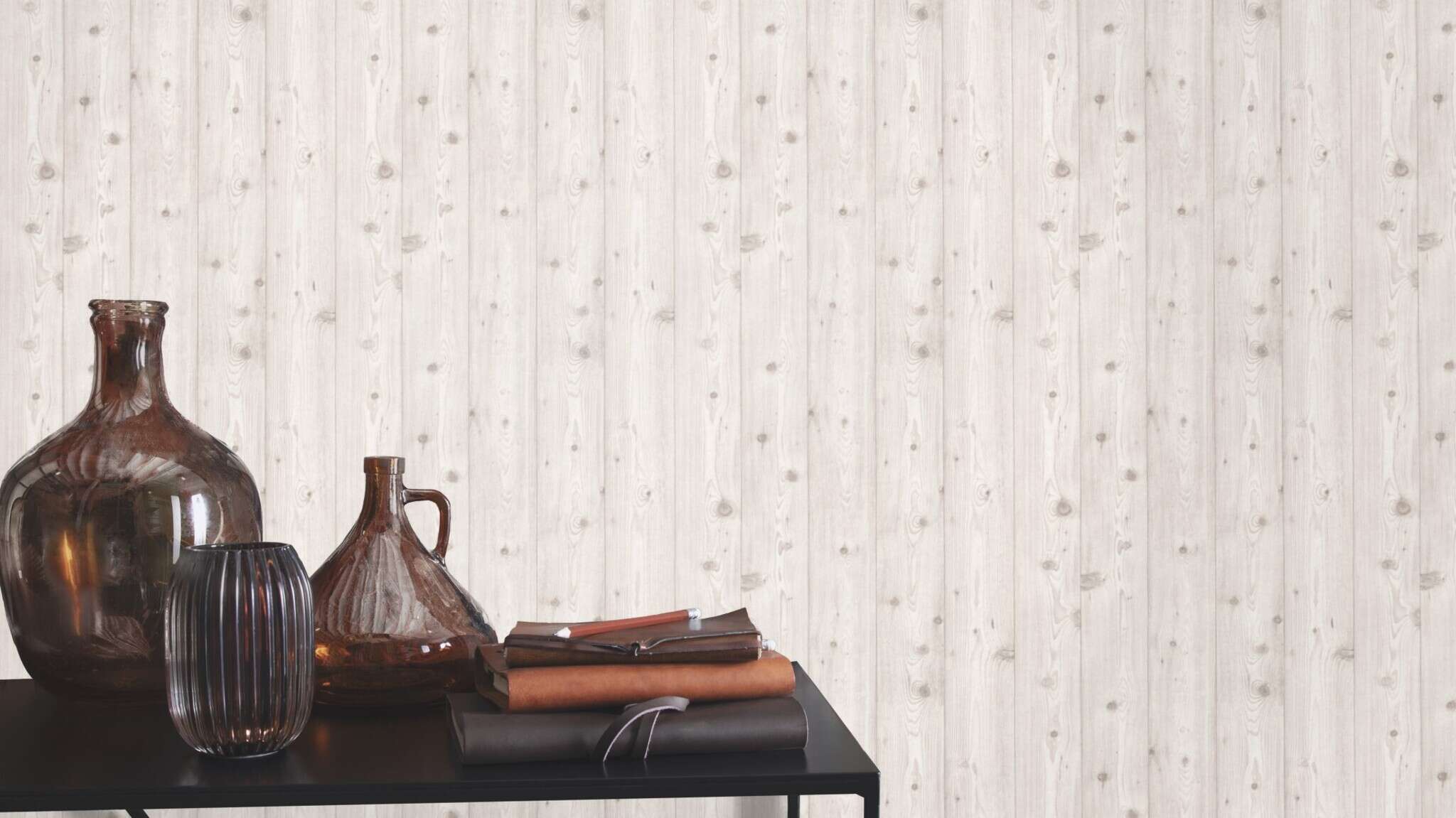 10-285208 Raumsituationen 3 Room with Scandinavian-style wallpaper with vertical wood texture in white and grey