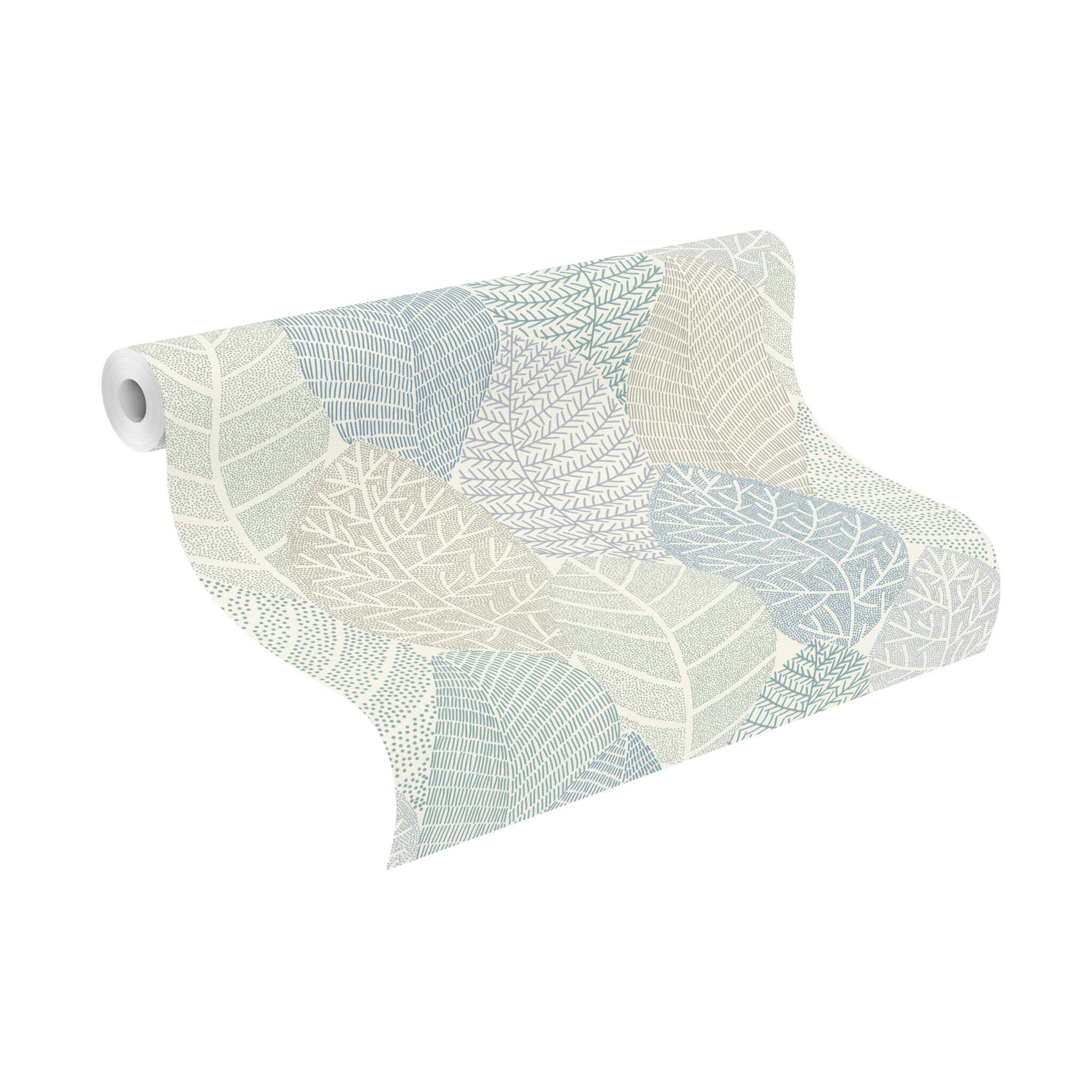 10-867114 Rolle abgerollt 1 Unrolled wallpaper roll with Large leaves in blue and green, sketched in different styles with small dots or fine lines on a white background