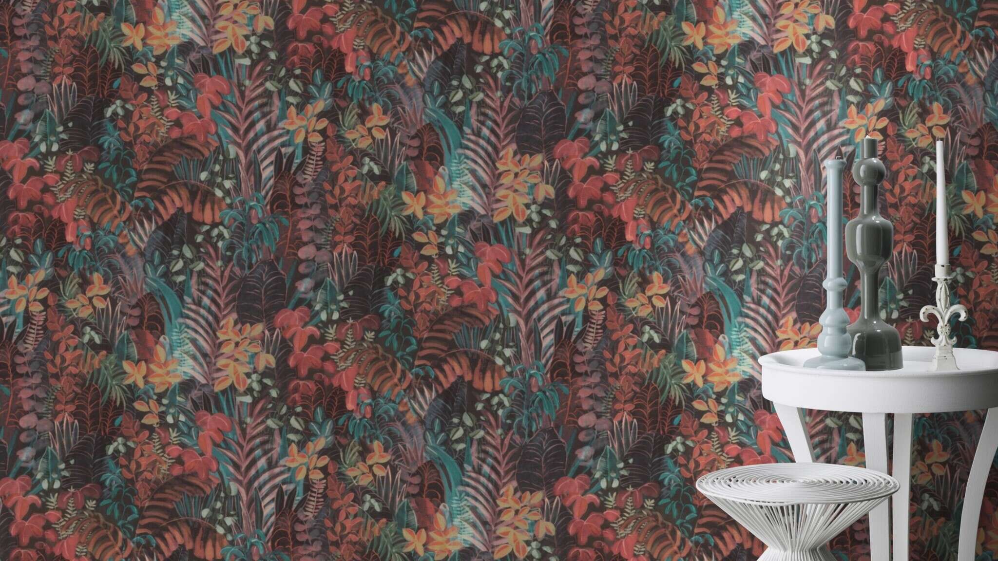 10-600636 Raumsituationen 2 Room with Tropical wallpaper with hand-painted leaves