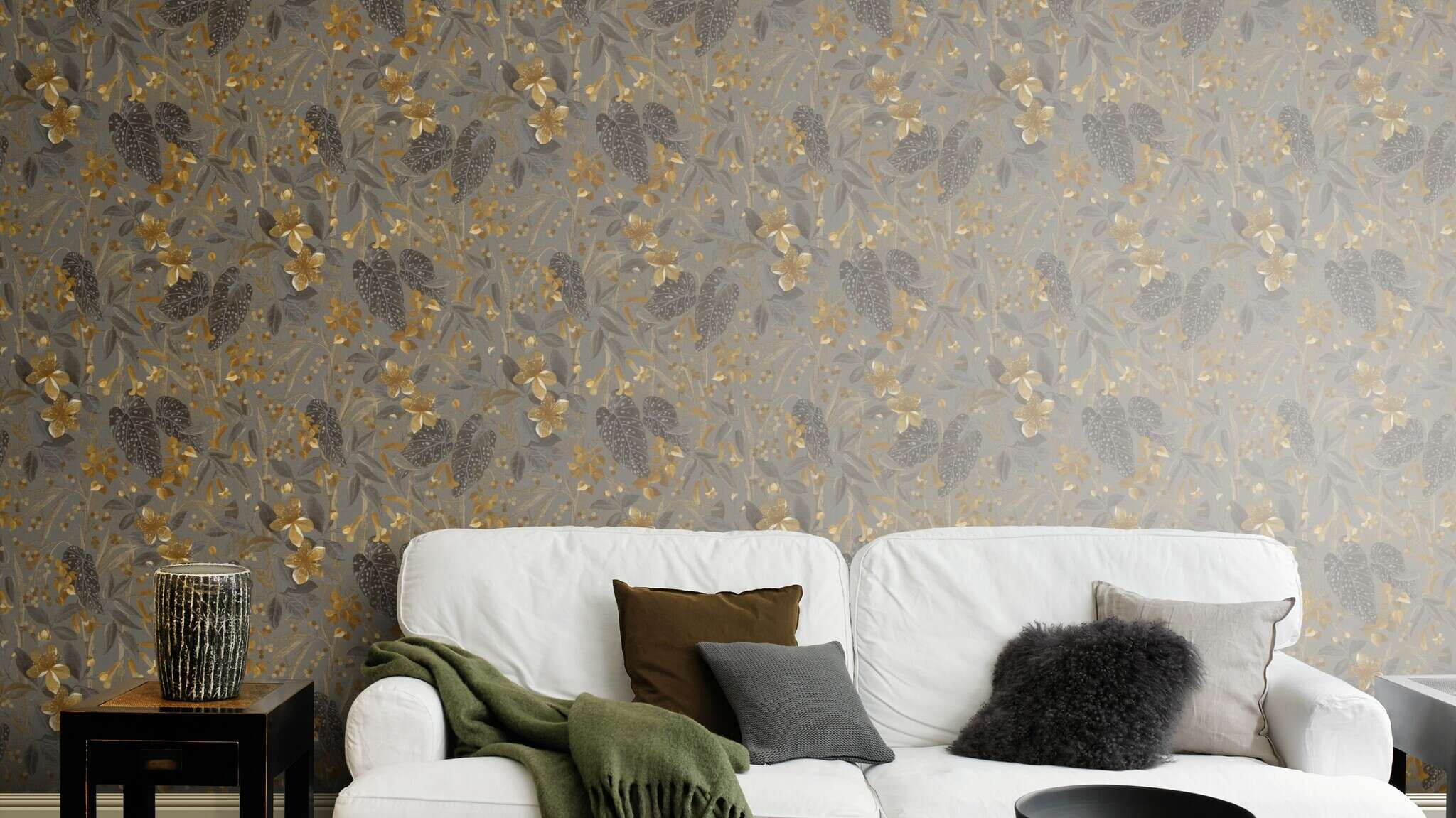 10-538229 Raumsituationen 2 Une chambre avec Papier peint à feuilles avec fleurs et plantes