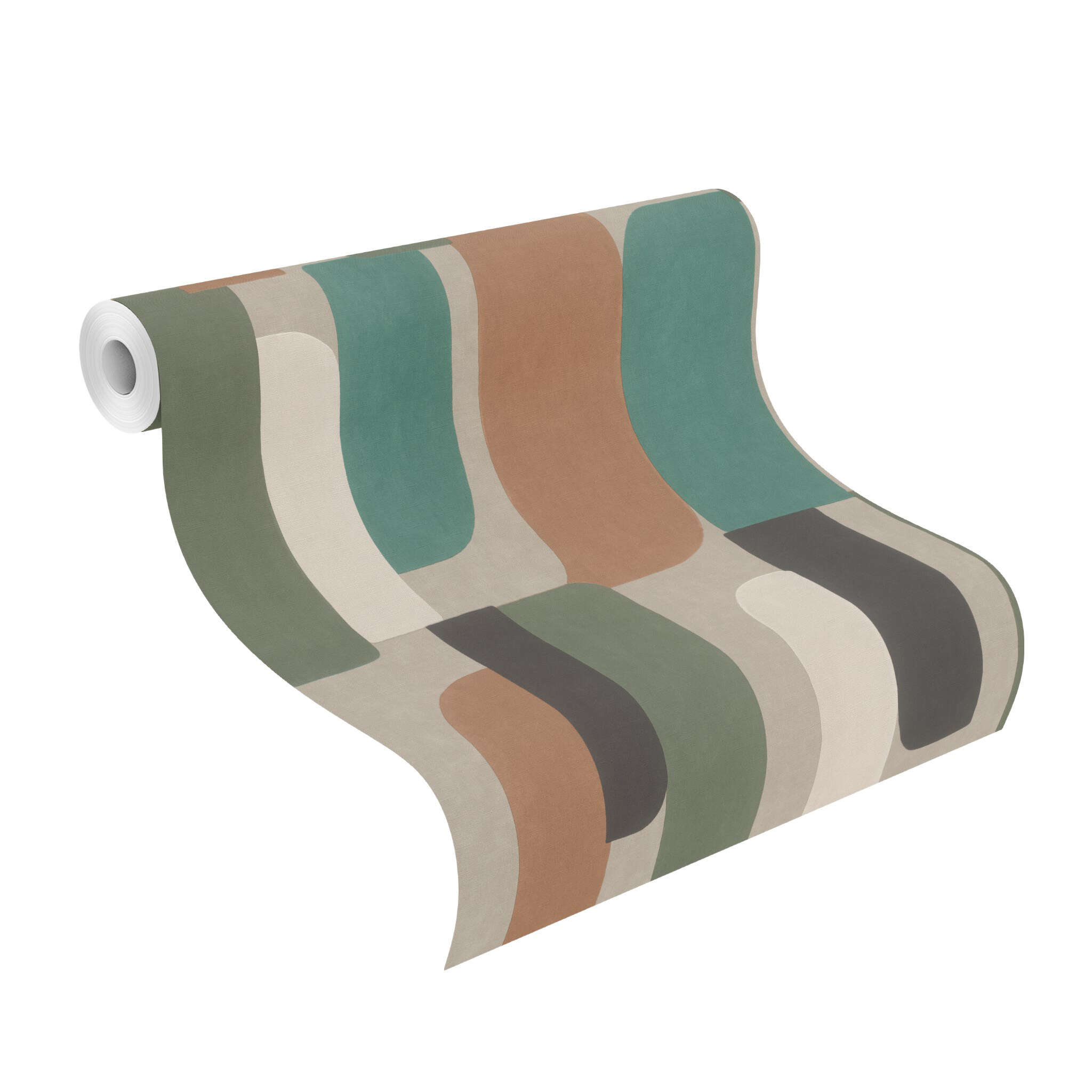 10-330526 Rolle abgerollt 1 Rouleau de déroulé avec Motif géométrique en pétrole, vert mousse et sable – audacieux, moderne et dynamique.