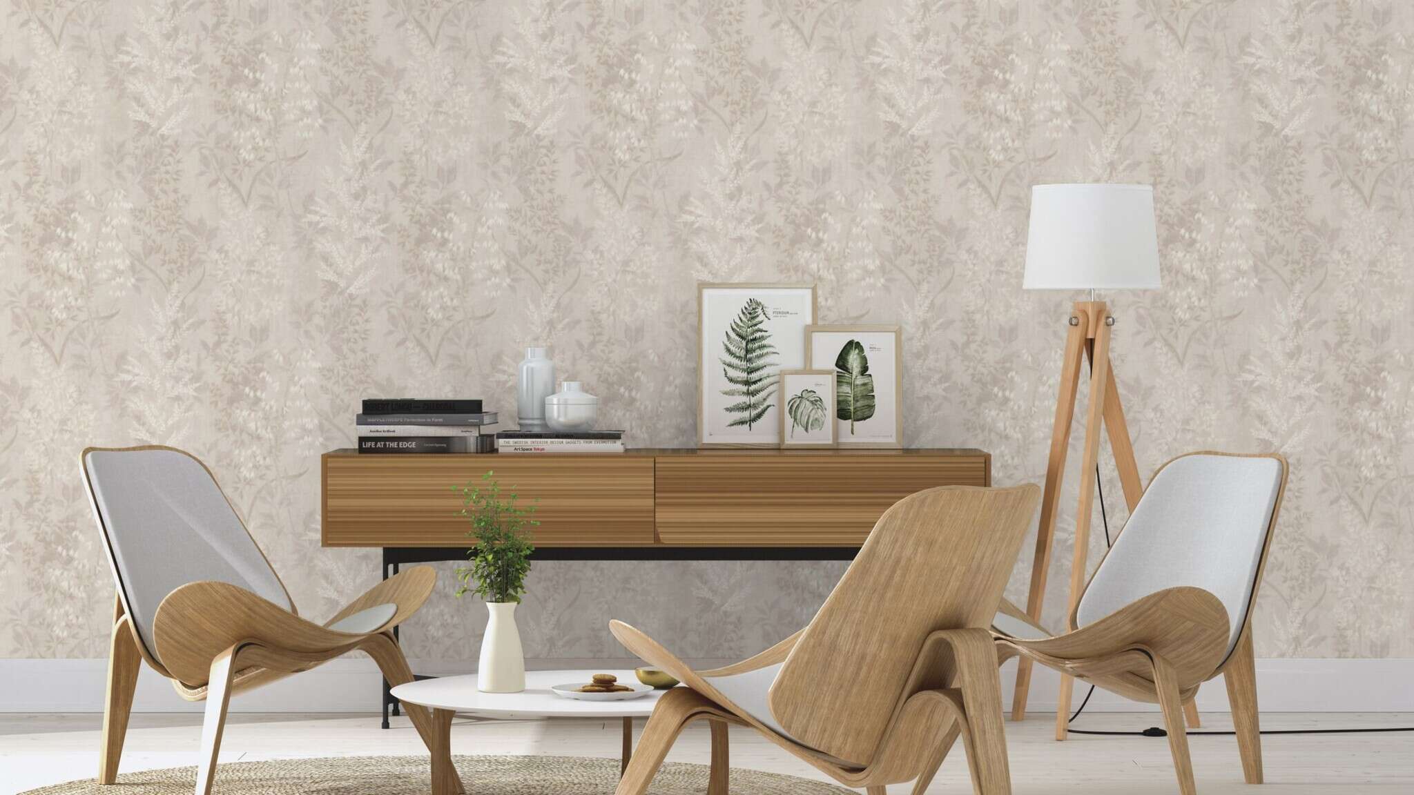 10-285000 Raumsituationen 4 Room with Subtle wallpaper with slightly shiny leaf tendrils and floral elements in tone-on-tone beige