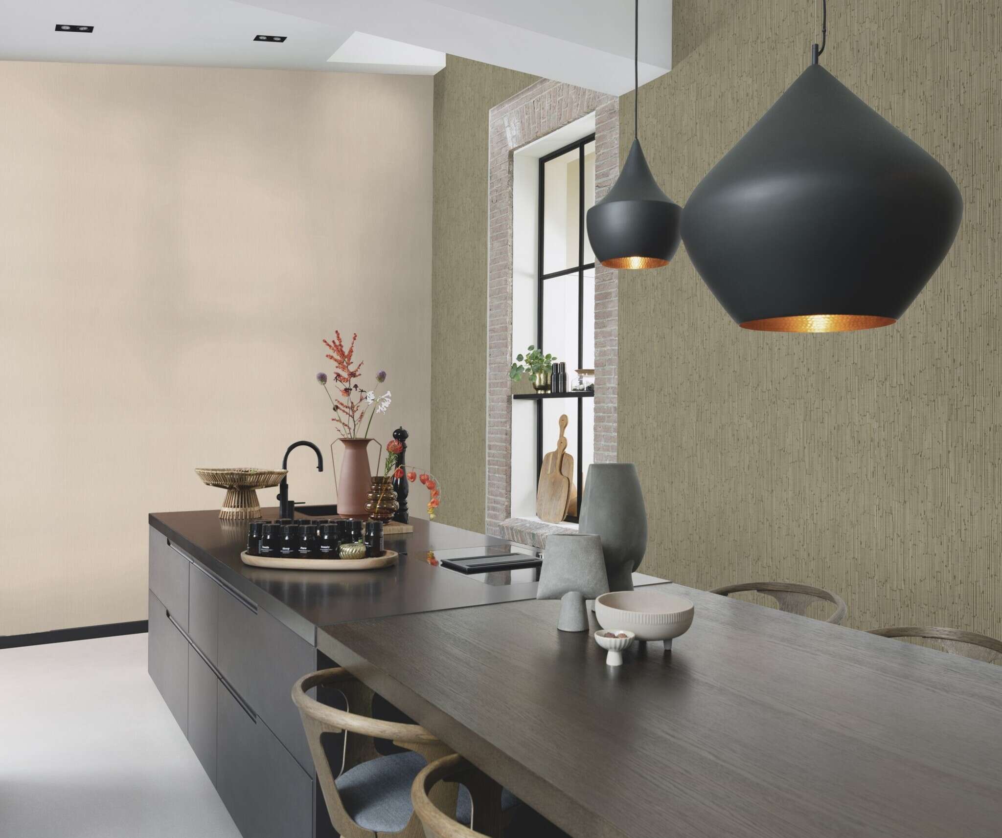 10-312645 Raumsituationen 3 Room with Olive green non-woven wallpaper with pronounced vertical lines and a slight depth effect