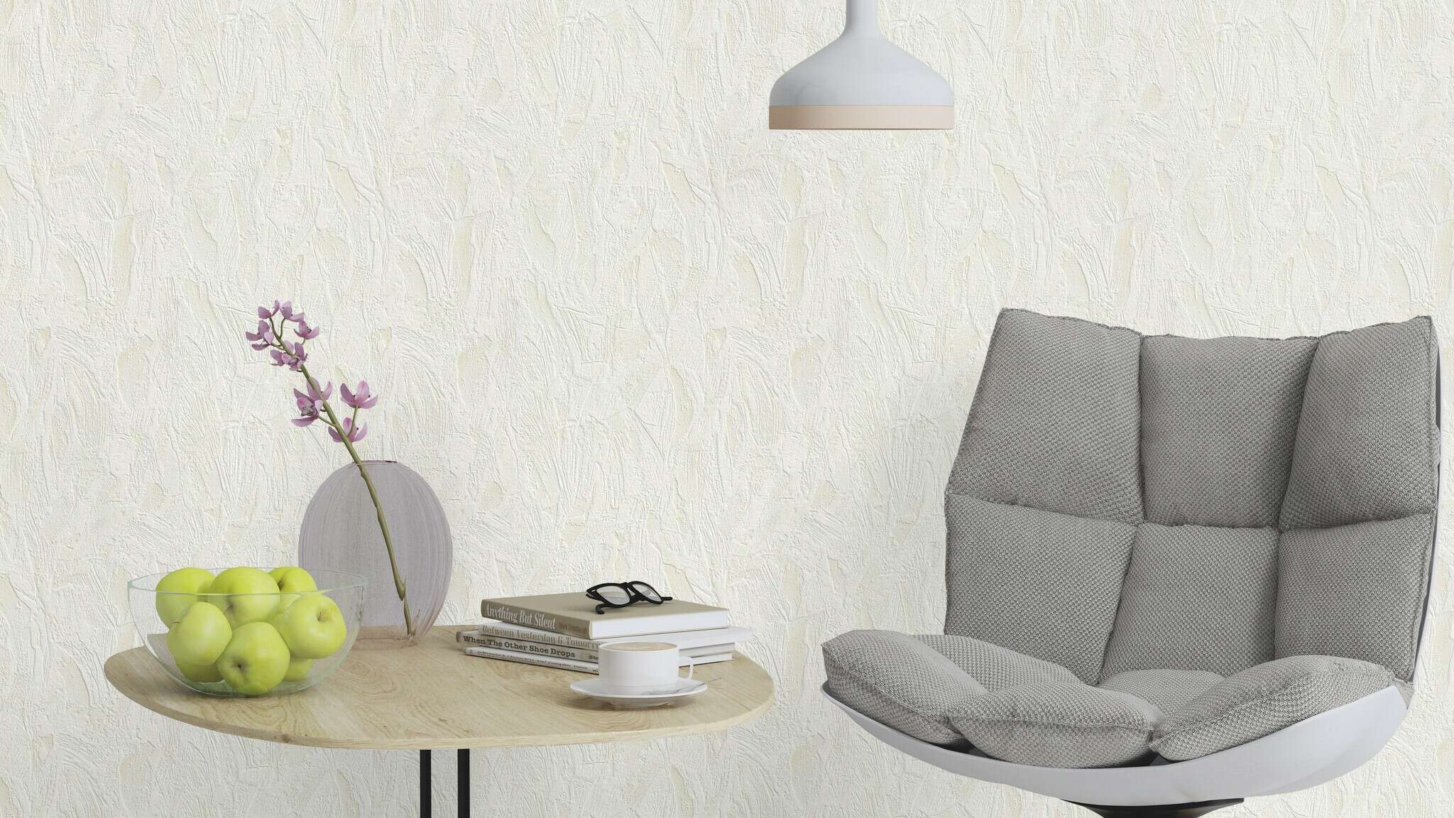 10-470406 Raumsituationen 3 Une chambre avec Surface aspect plâtre dans un ton crème avec de subtils effets de lumière – aspect artisanal et élégant.