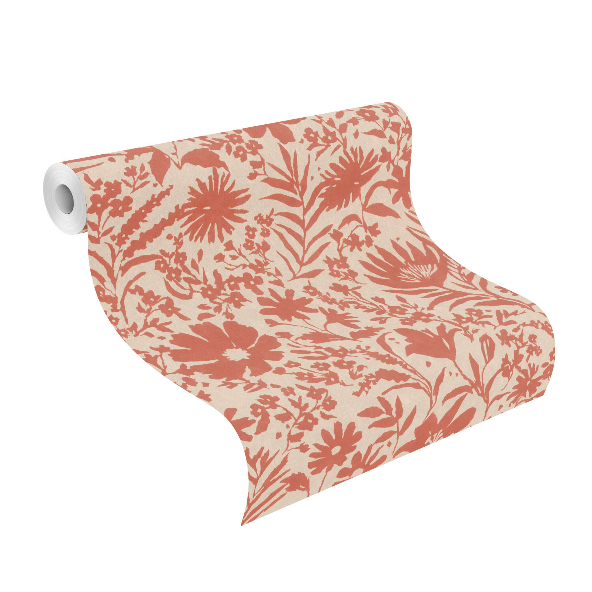 10-330427 Rolle abgerollt 1 Unrolled wallpaper roll with Lively floral design in terracotta – warm vintage look with a natural feel.