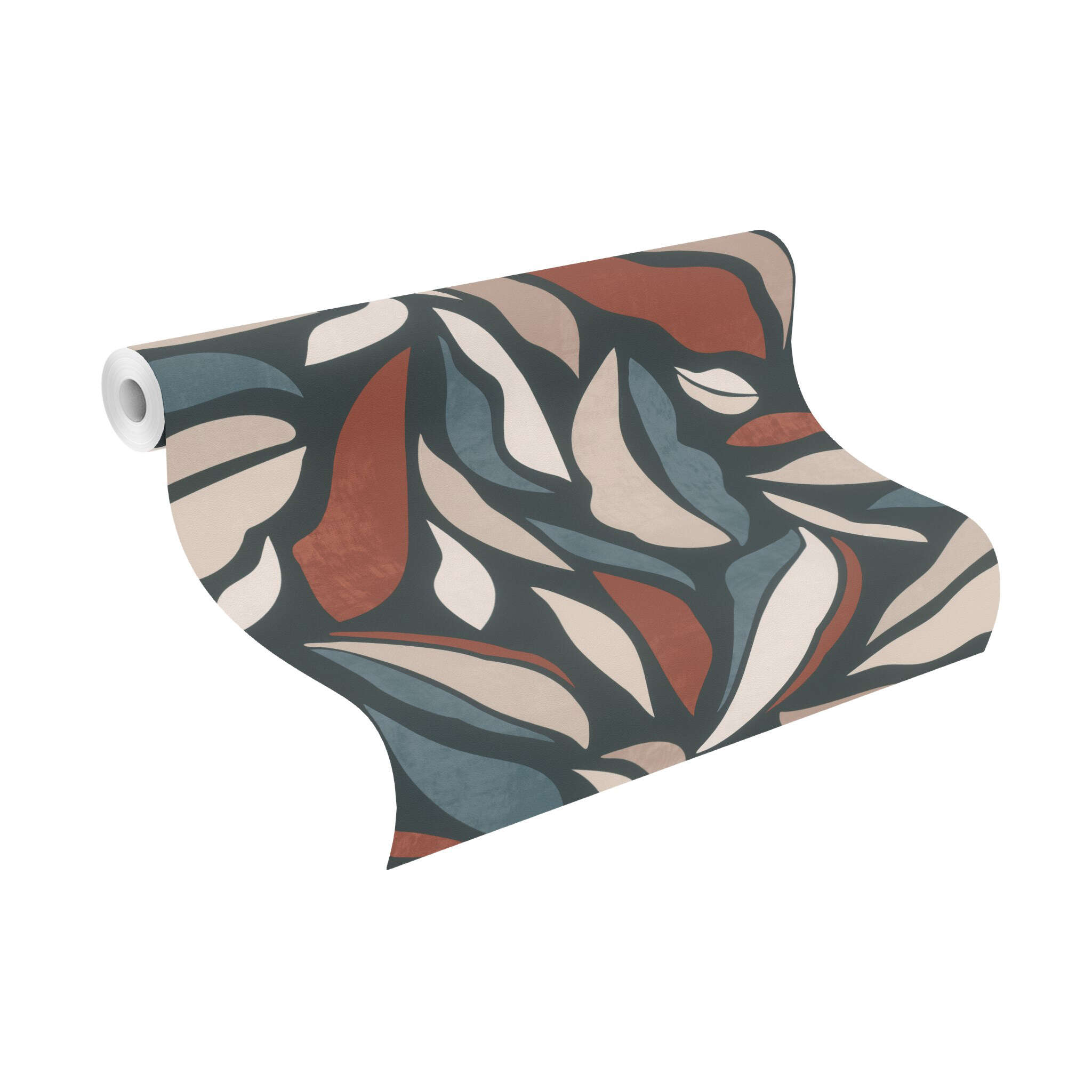10-869309 Rolle abgerollt 1 Unrolled wallpaper roll with Abstract leaves in curved shapes in blue, rust red, beige and taupe