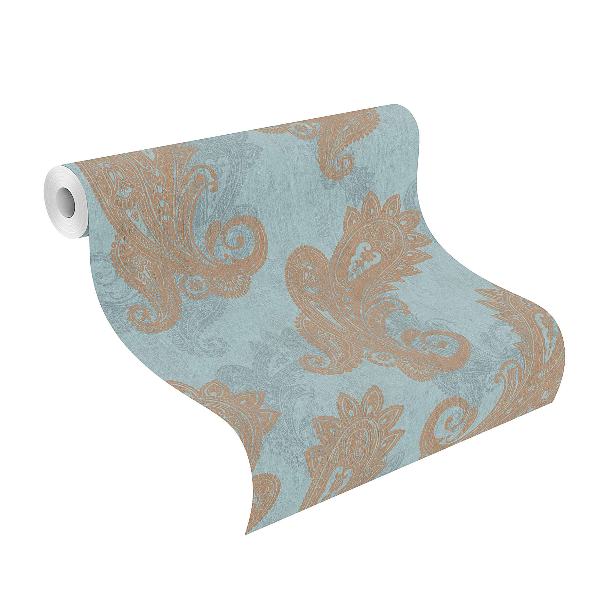 10-746440 Rolle abgerollt 1 Unrolled wallpaper roll with Oriental wallpaper with paisley-style ornaments