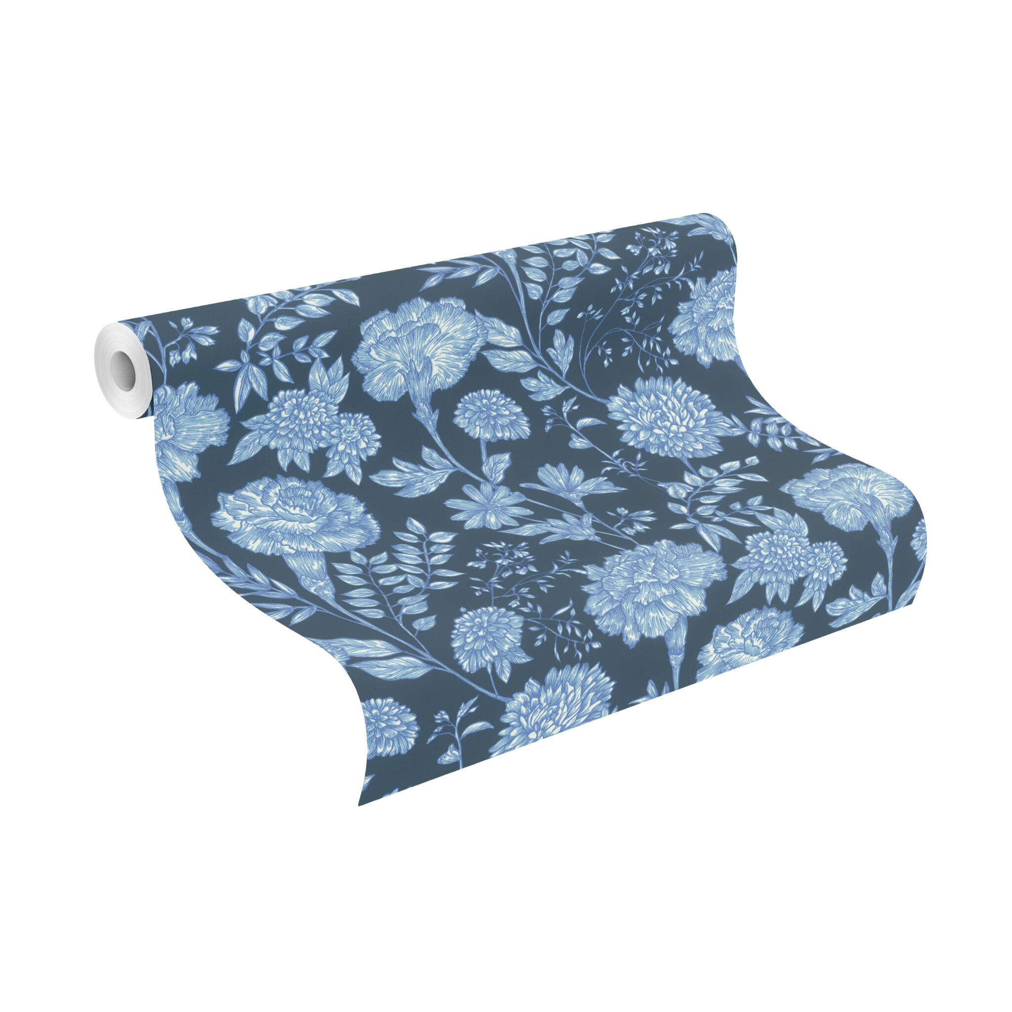 10-865004 Rolle abgerollt 1 Unrolled wallpaper roll with Botanical wallpaper with sketched flowers and plants