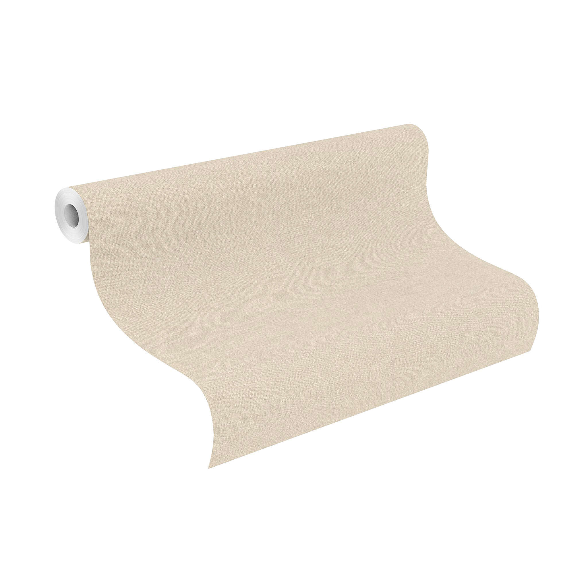 10-464016 Rolle abgerollt 1 Unrolled wallpaper roll with Simple wallpaper with a finely woven texture in a sandy beige tone