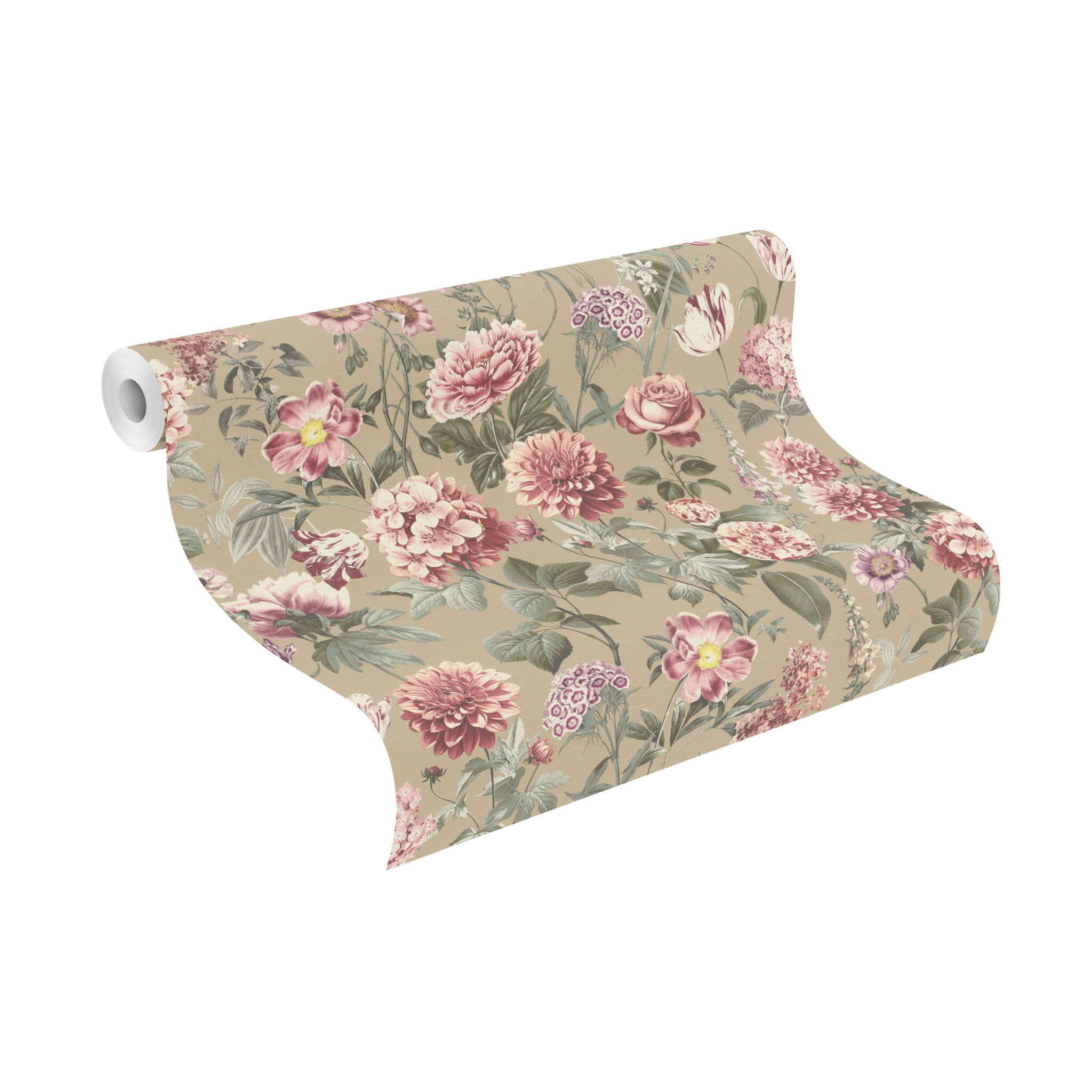 10-353006 Rolle abgerollt 1 Papier peint intissé à motifs floraux verts et roses 353006