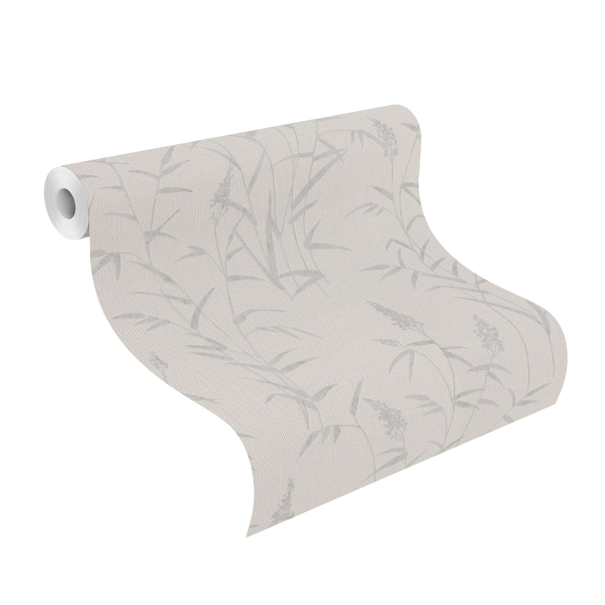 10-312911 Rolle abgerollt 1 Unrolled wallpaper roll with Light grey non-woven wallpaper with a delicate, tone-on-tone grass motif.
