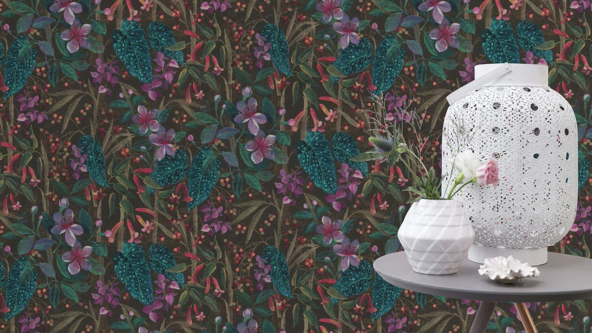 10-538236 Raumsituationen 3 Room with Leaf wallpaper with flowers and plants