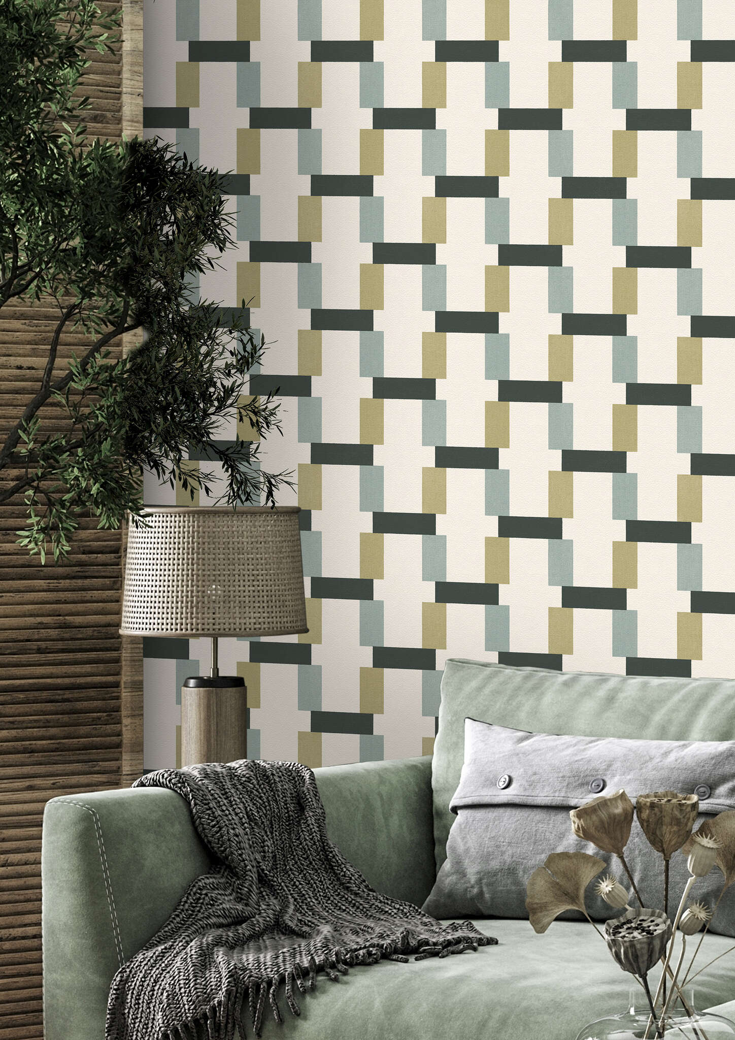10-868821 Raumbilder 1 Room with Geometric wallpaper with rectangles and a textile texture
