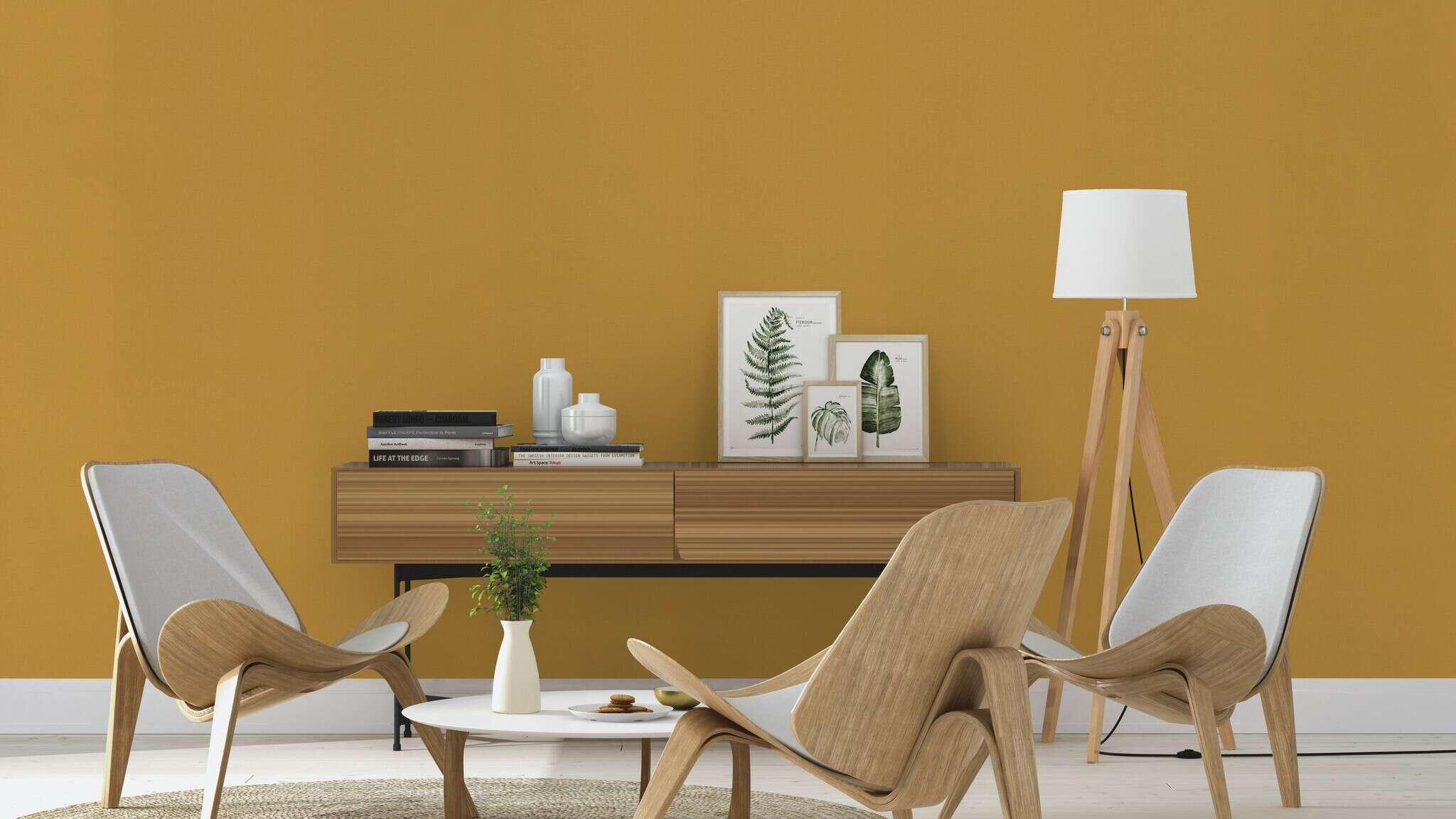 10-452075 Raumsituationen 12 Room with Striking non-woven wallpaper in rich mustard yellow with a light texture – brings warmth and colour to the room.