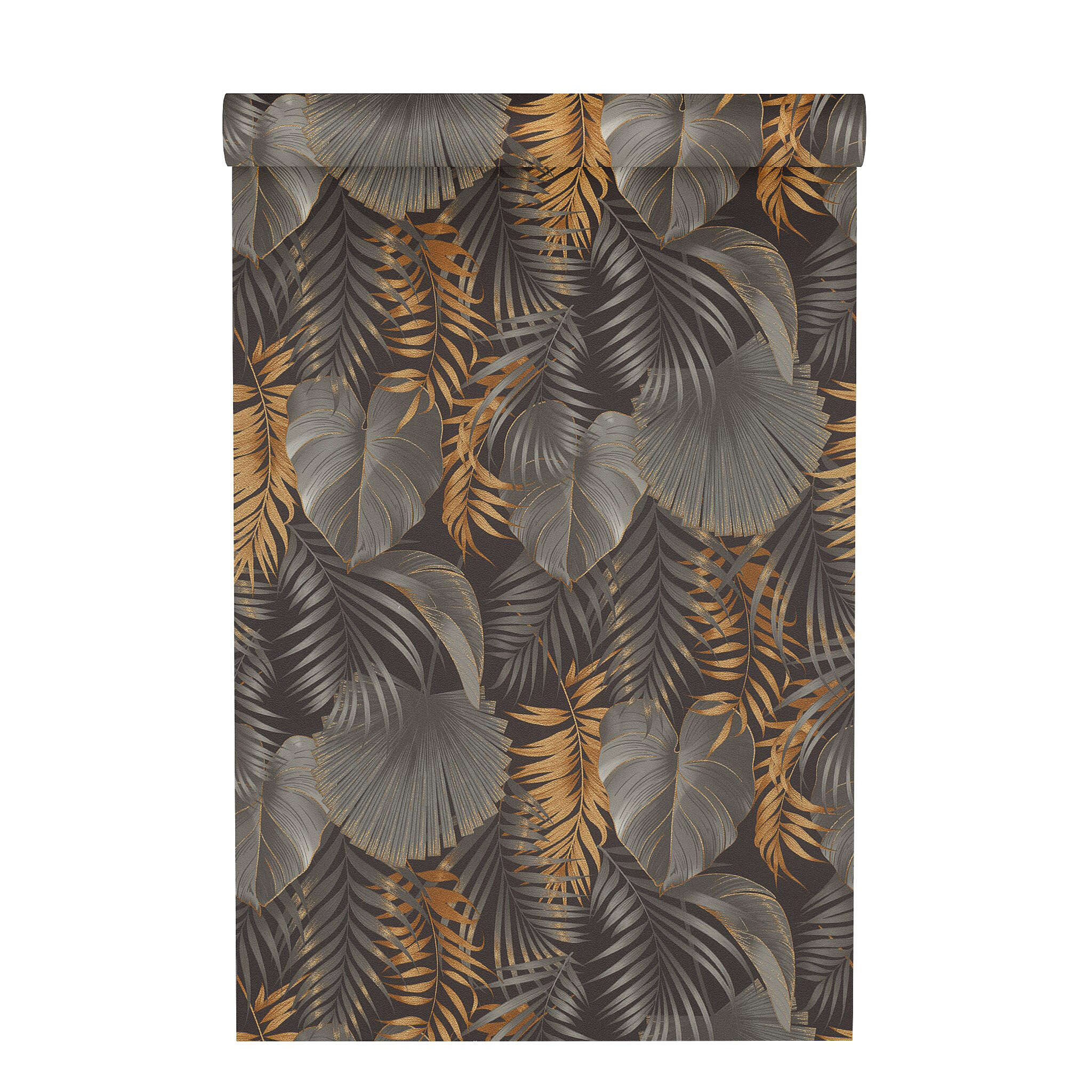 10-462043 Rolle abgerollt 1 Unrolled wallpaper roll with Lush leaf motif with palm and monstera leaves in copper, bronze and grey on a black background