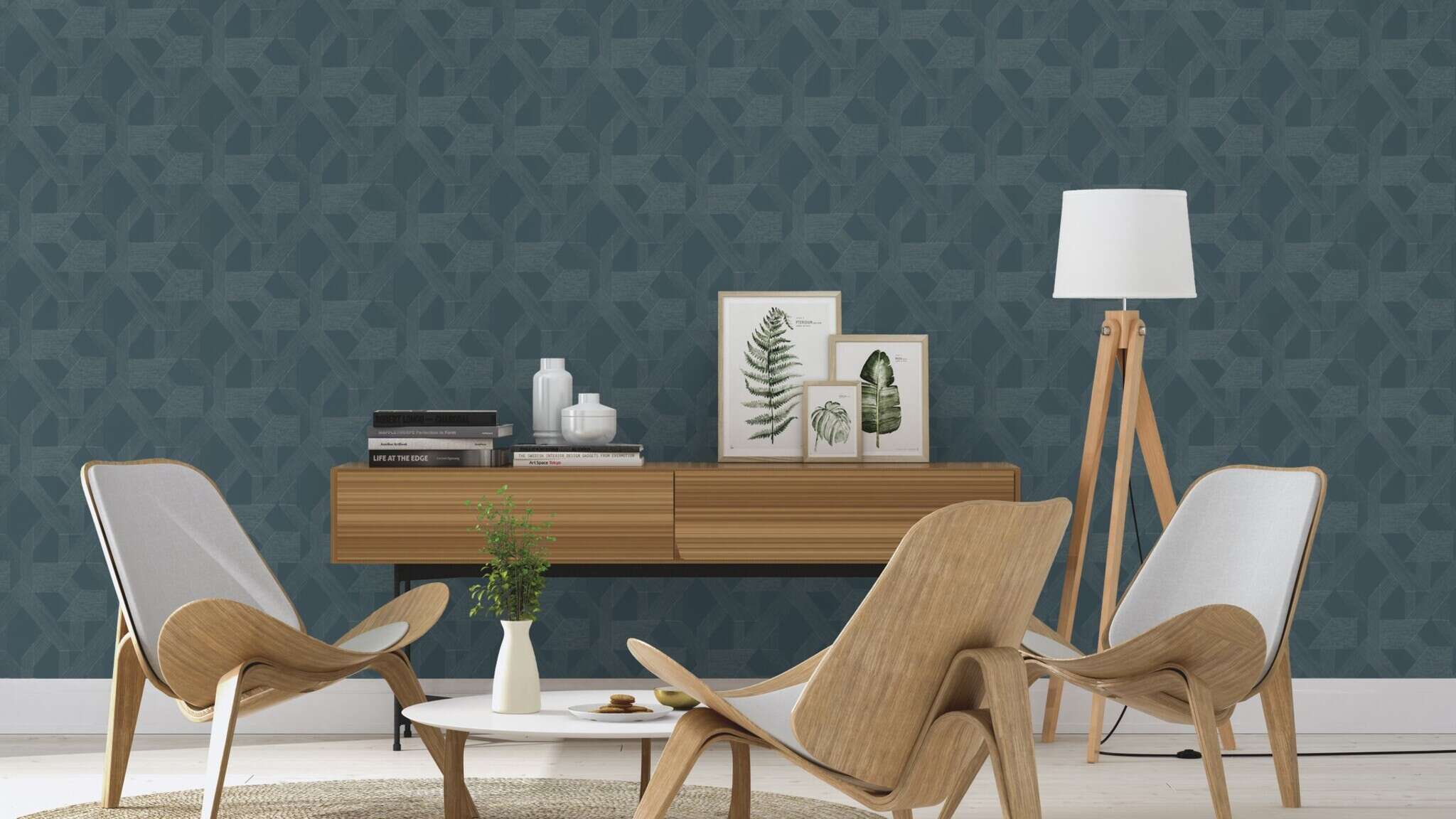 10-600414 Raumsituationen 1 Room with Geometric wallpaper with lines and diamonds