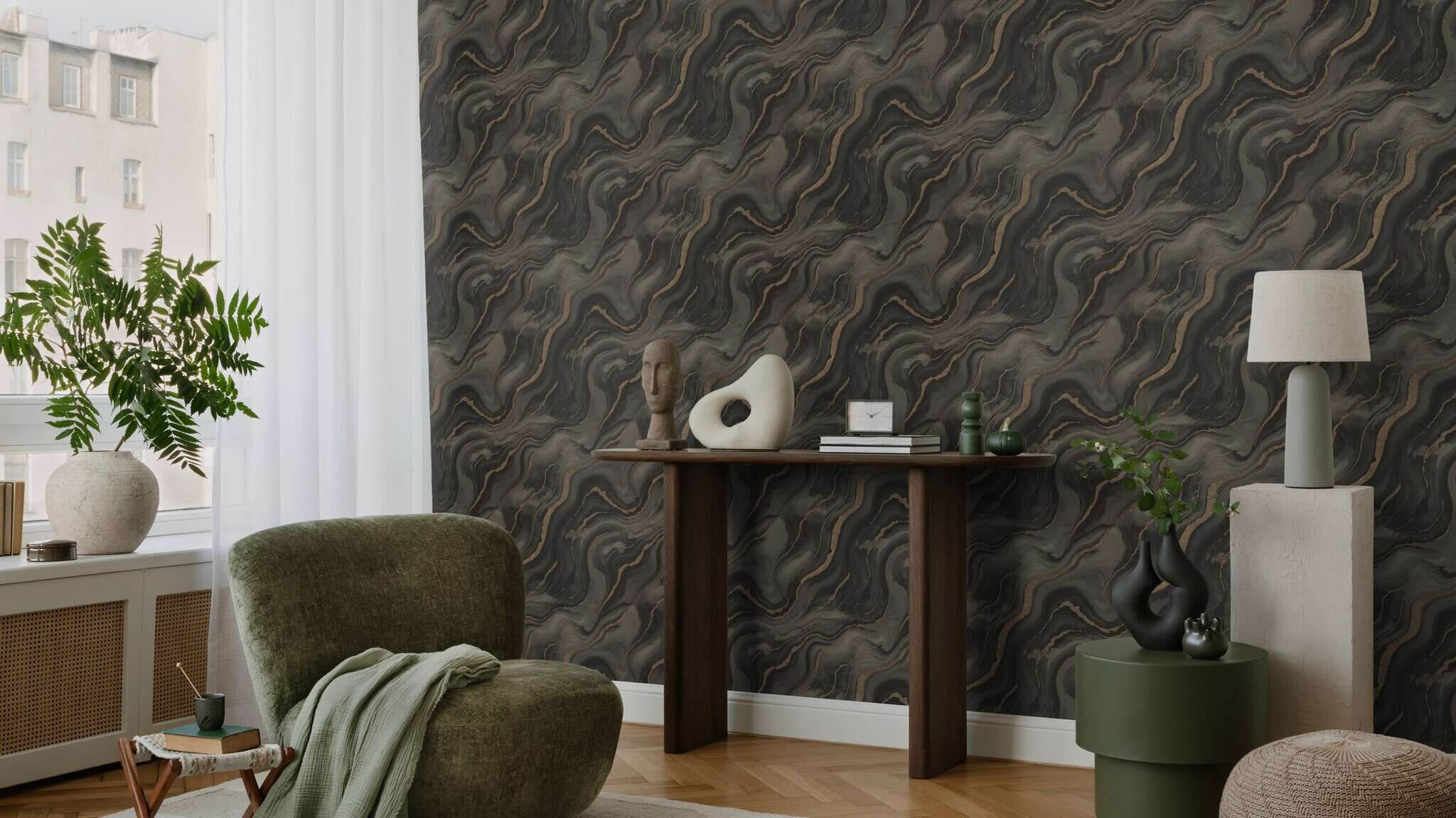 10-497663 Raumsituationen 2 Marble-effect wallpaper in dark grey - Factory VI Marmorea 497663