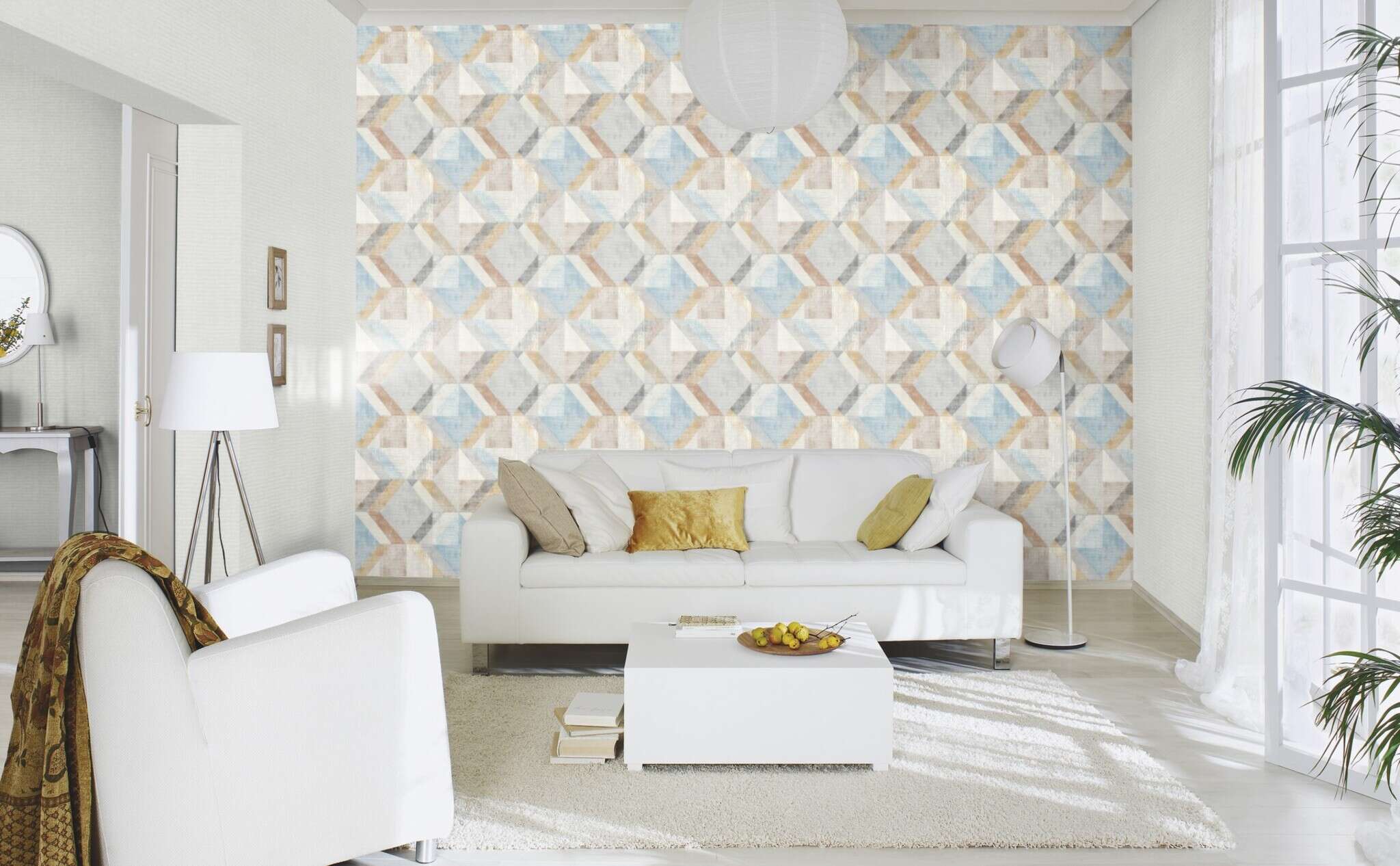10-311907 Raumsituationen 5 Raum mit Moderne Tapete mit großflächigem Rautenmuster in Blau, Beige und Grau mit Vintage-Charakter