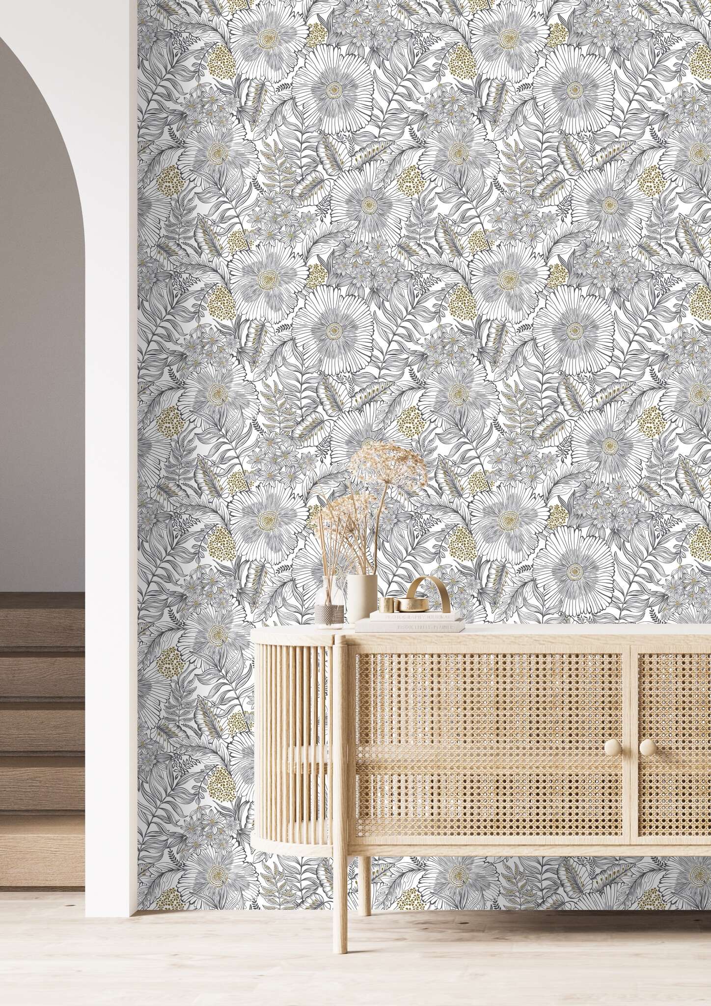 10-686555 Raumsituationen 2 Une chambre avec Papier peint avec des feuilles et des fleurs et une texture légère