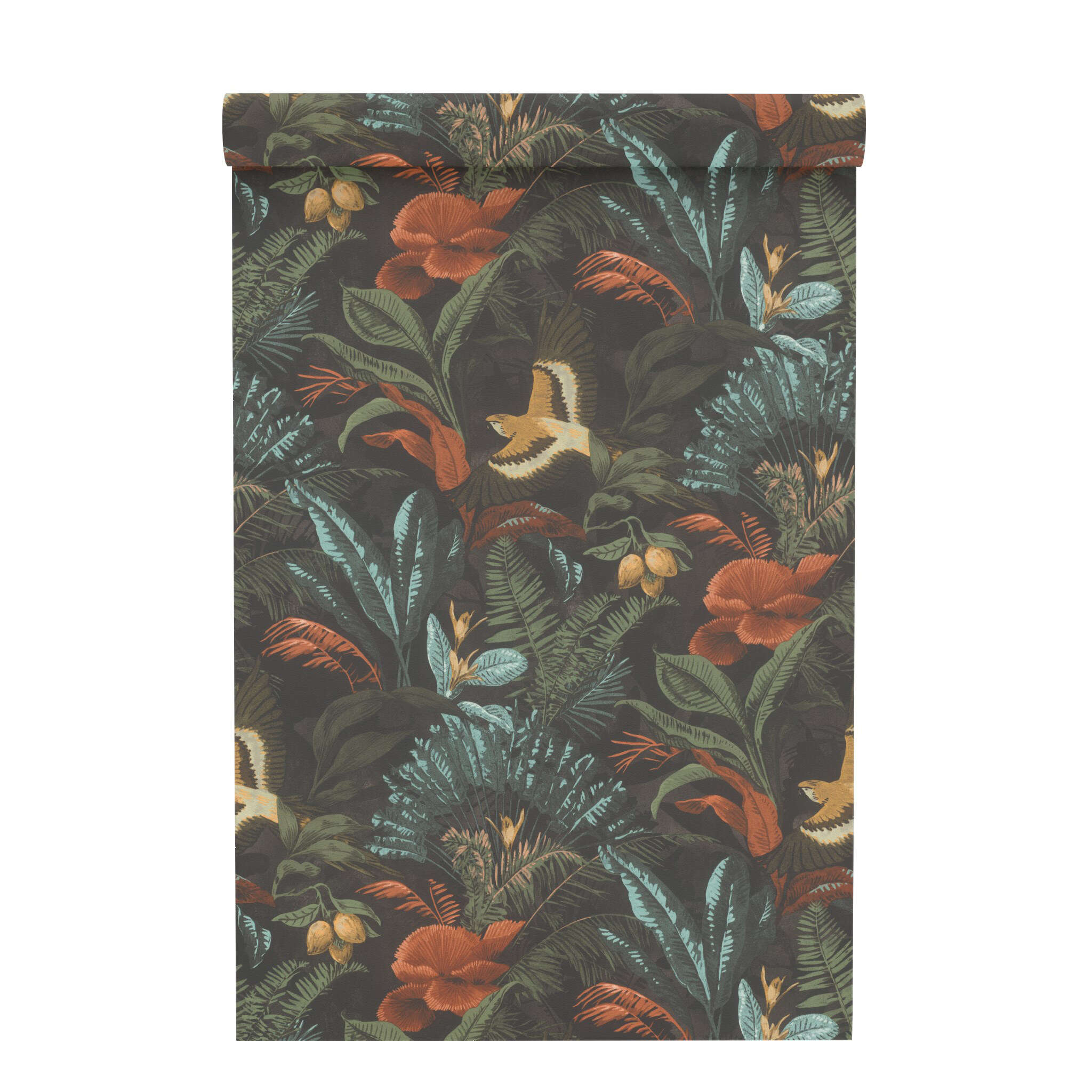 10-639230 Rolle abgerollt 2 Unrolled wallpaper roll with Exotic wallpaper with tropical plants and parrots