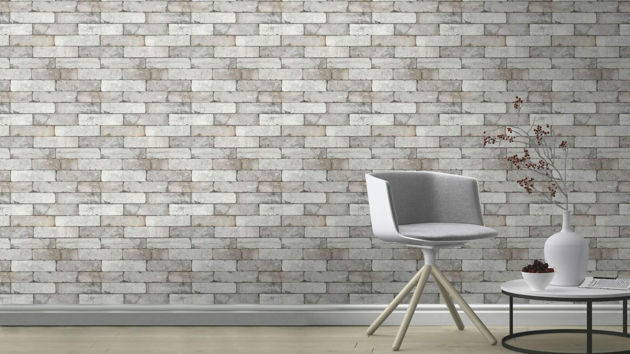 10-446302 Raumsituationen 2 Room with Grey non-woven wallpaper with realistic brick pattern in a vintage look.