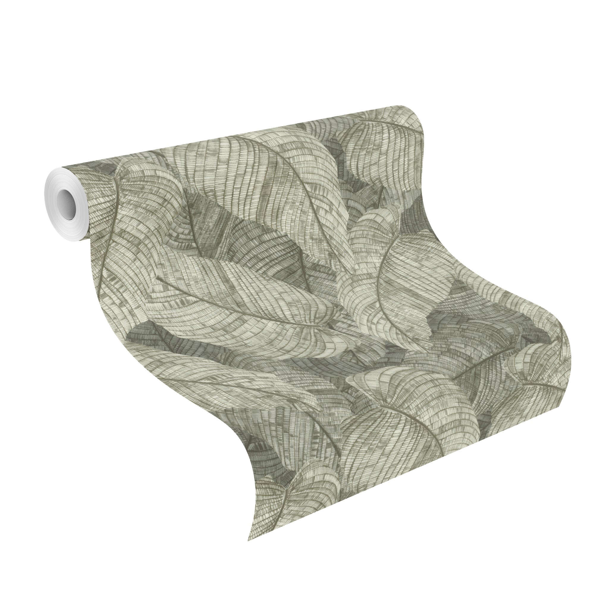 10-720549 Rolle abgerollt 1 Unrolled wallpaper roll with Large, overlapping green leaves in a drawn look