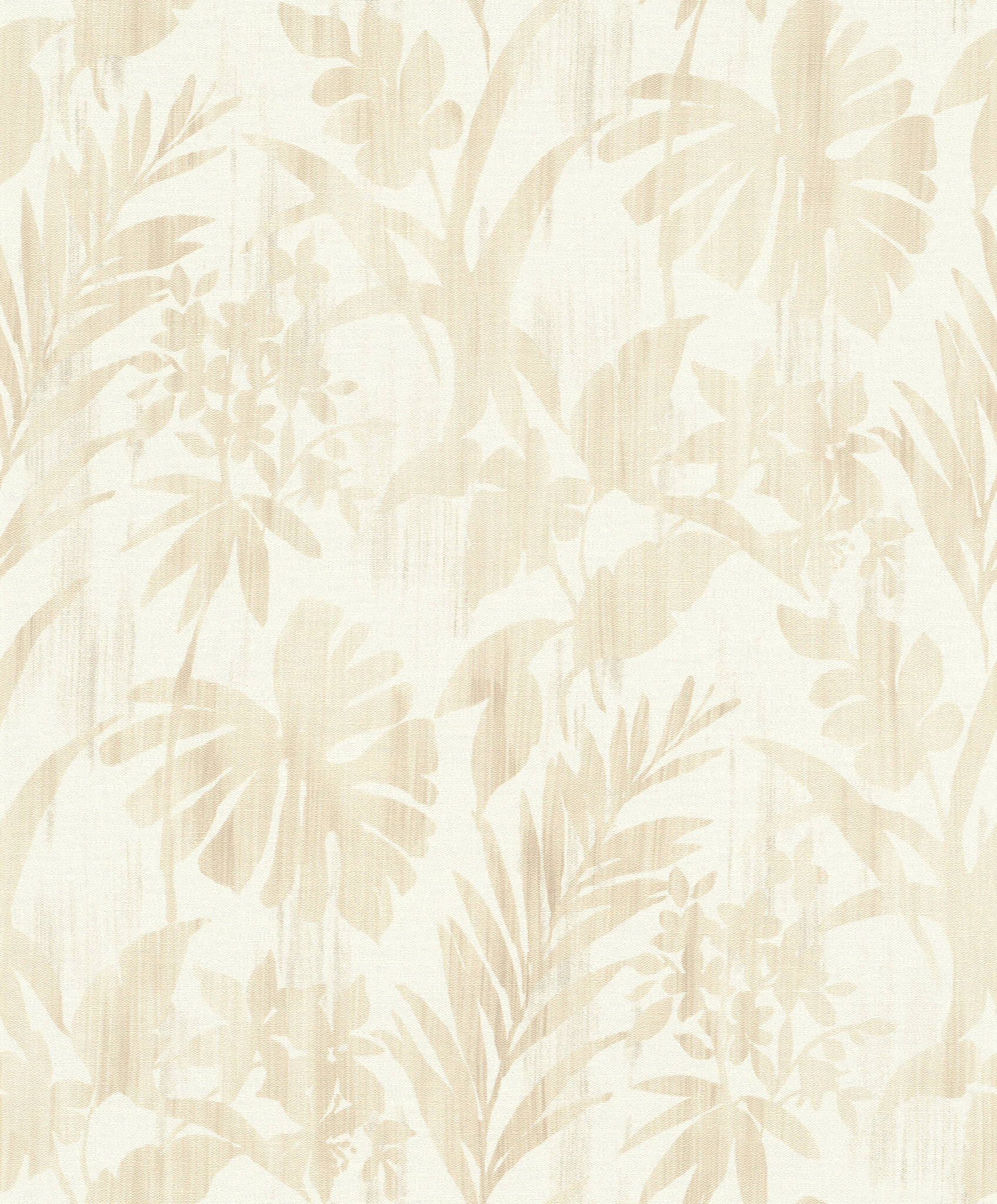 10-410570 Artikelscan 1 Papier peint intissé avec un motif de feuilles tropicales dans des tons sable et beige sur un fond clair.