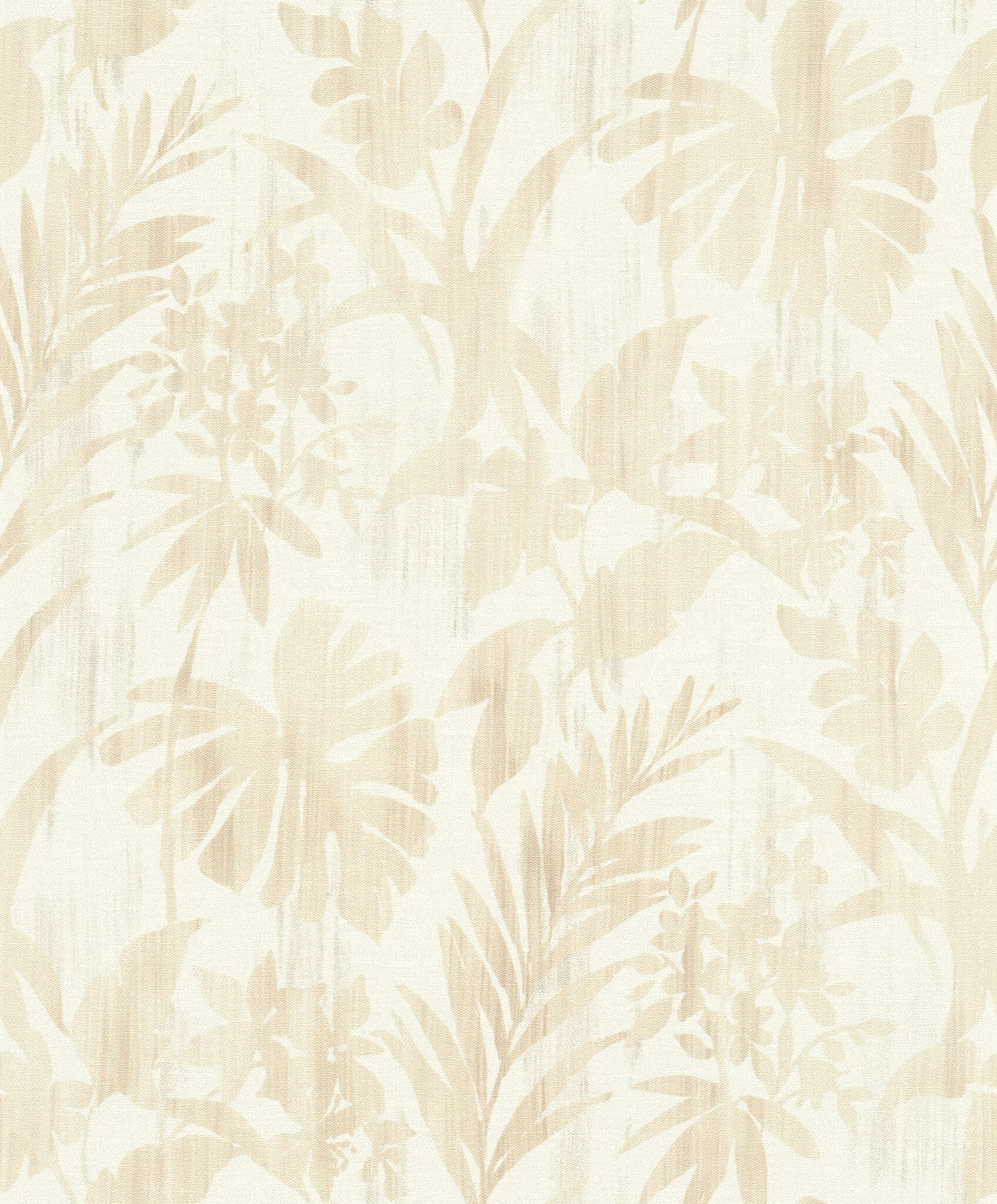 10-410570 Artikelscan 1 Non-woven wallpaper with a tropical leaf pattern in sand and beige tones on a light background.