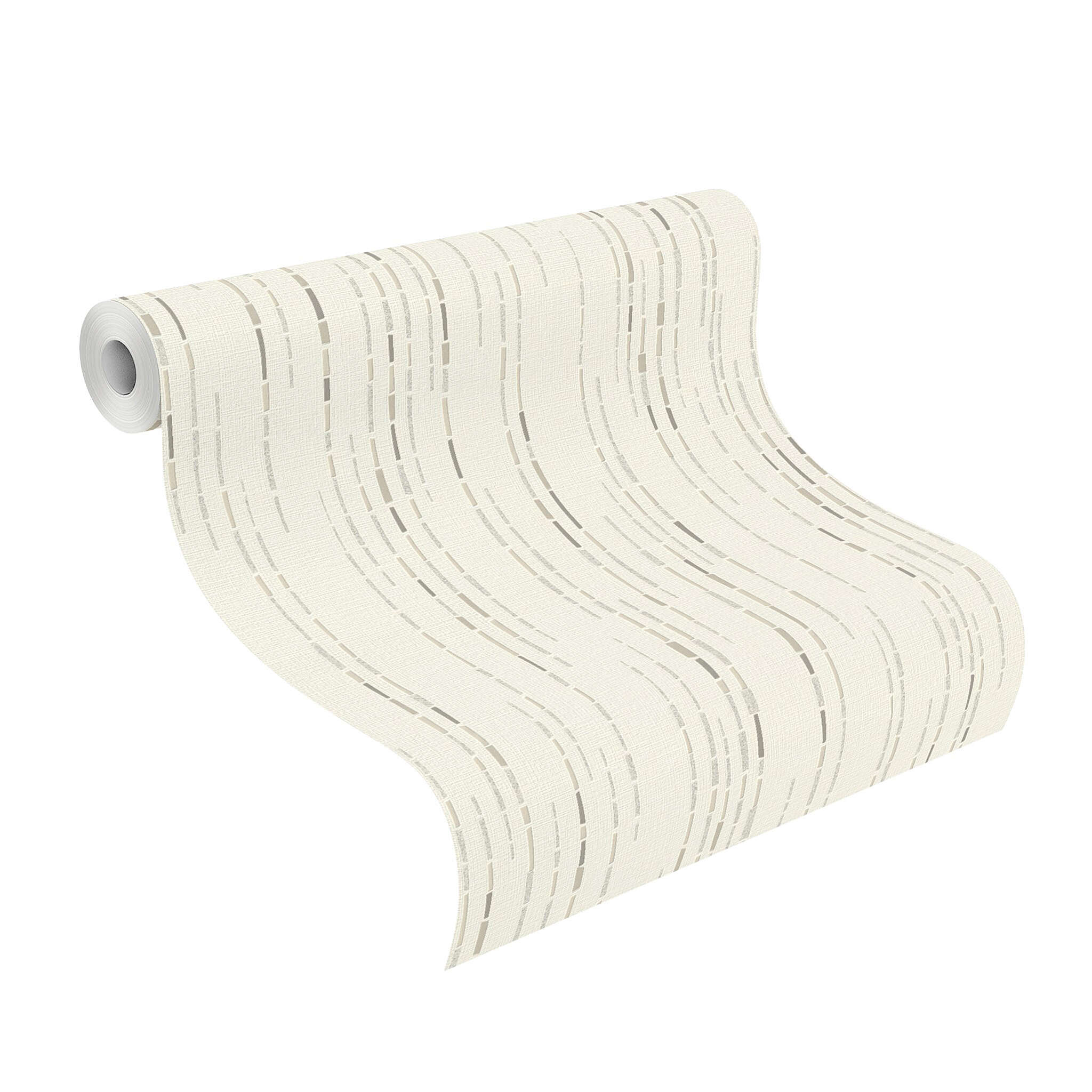 10-735130 Rolle abgerollt 1 Unrolled wallpaper roll with Wallpaper with vertical lines and textile texture