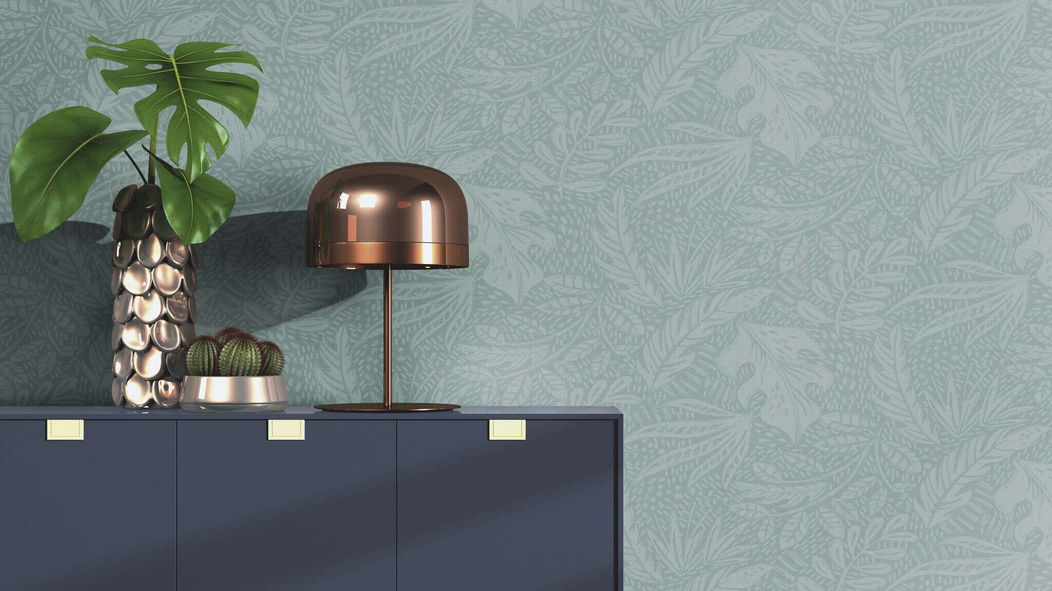 10-553024 Raumsituationen 2 Leaves non-woven wallpaper in green-grey 553024