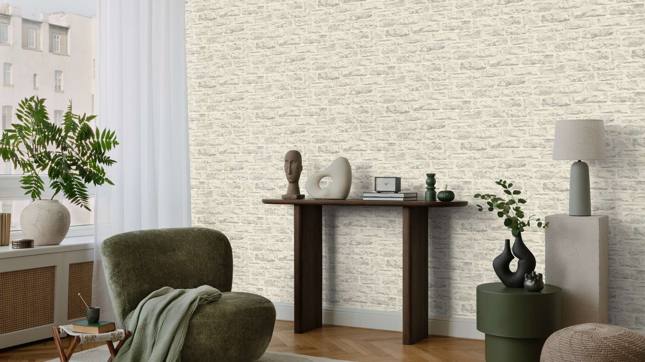 10-498318 Raumsituationen 3 Stone-effect wallpaper in white Factory VI Brick 498318