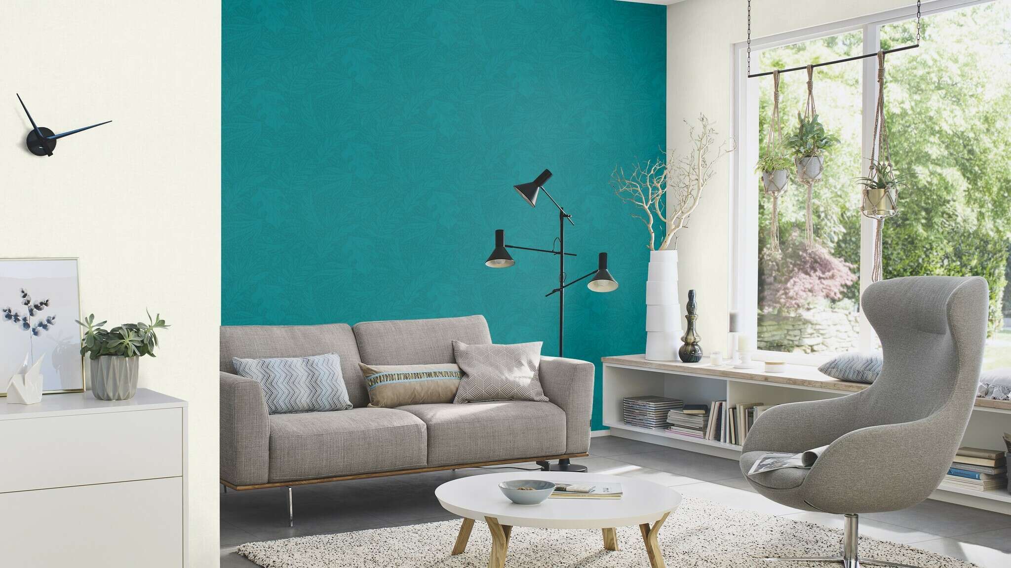 10-553079 Raumsituationen 1 Leaves non-woven wallpaper in petrol 553079