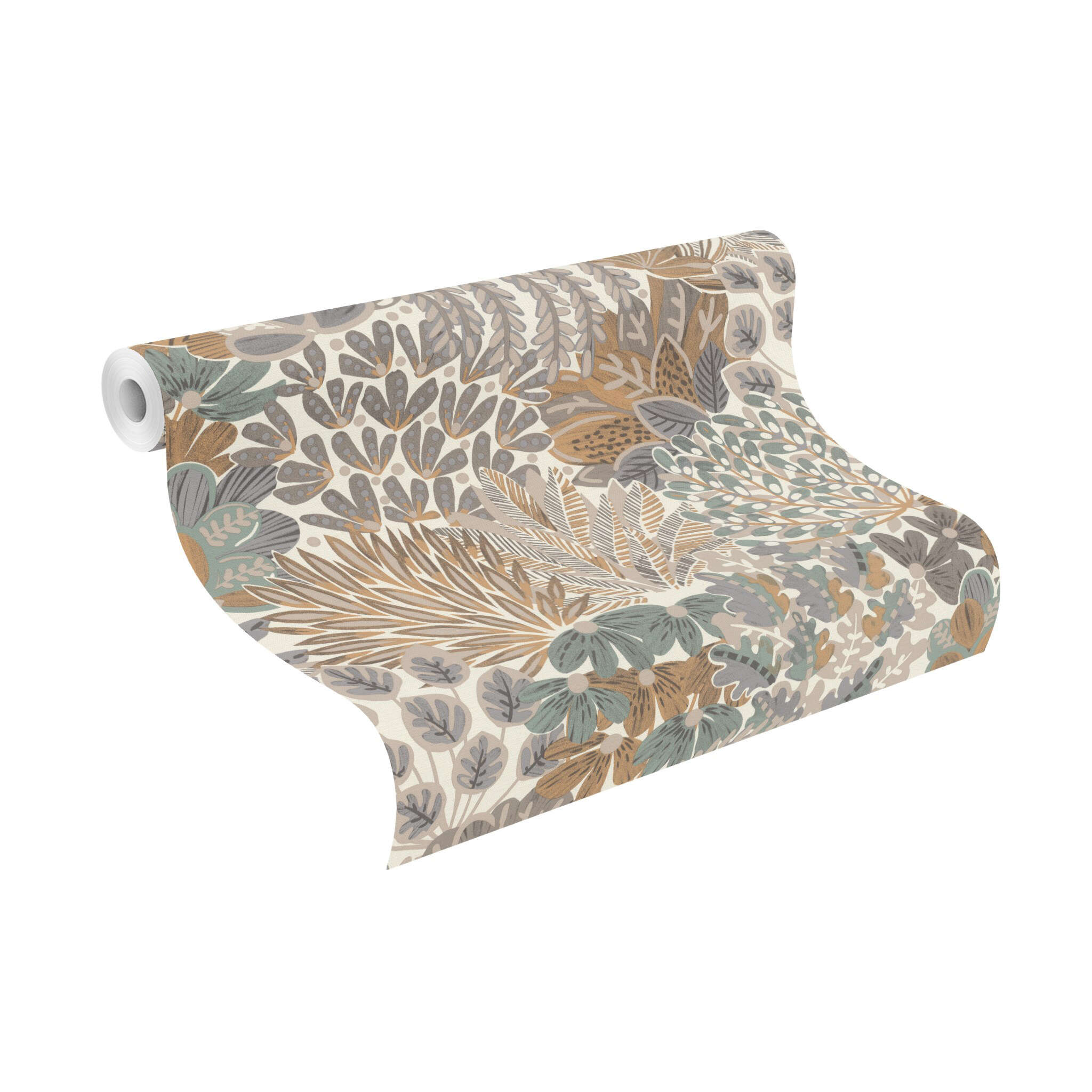 10-580402 Rolle abgerollt 1 Unrolled wallpaper roll with Wallpaper with overlapping leaves, twigs and flowers