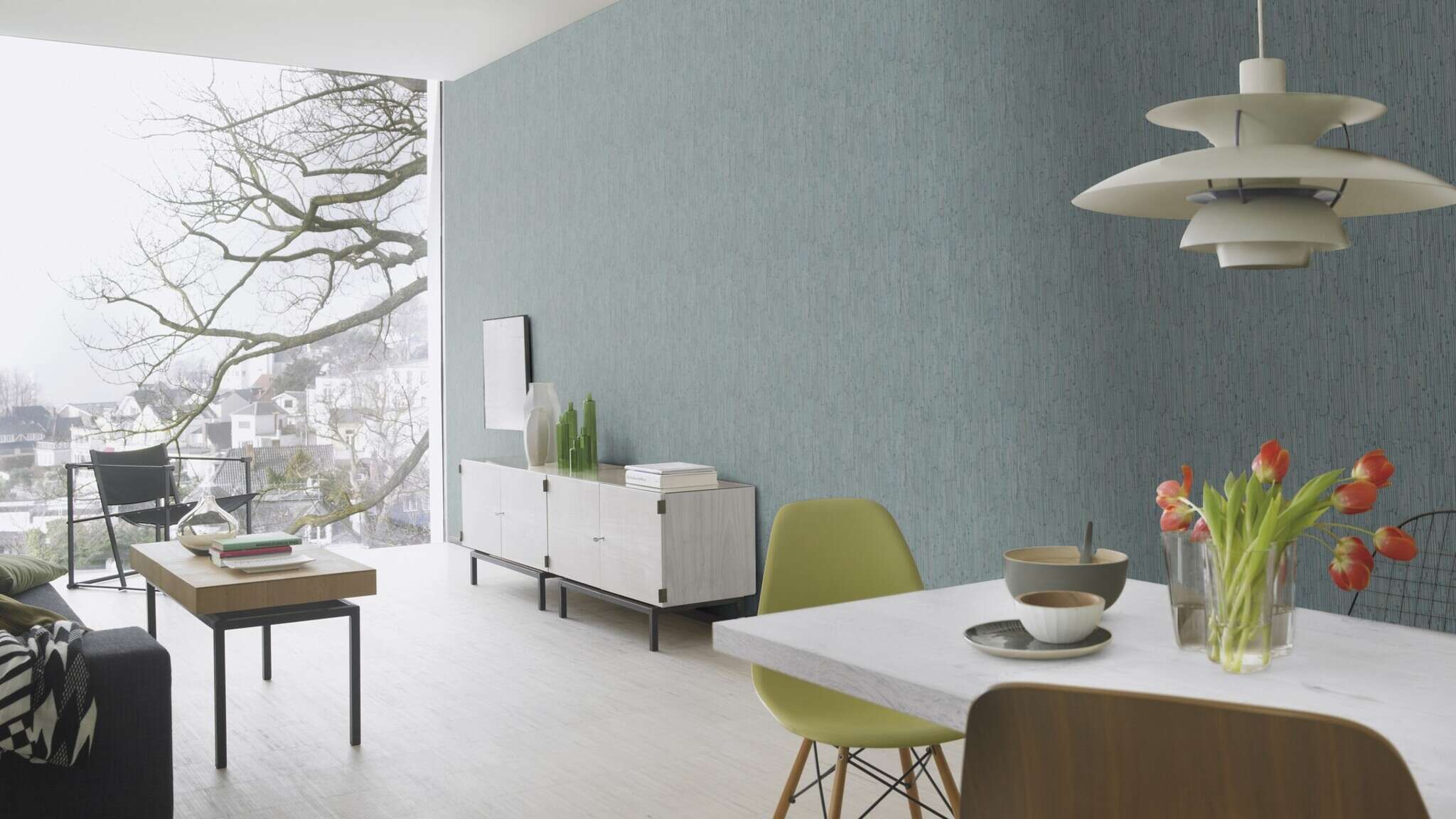 10-312652 Raumsituationen 1 Room with Petrol-coloured non-woven wallpaper with vertical line structure and sophisticated texture