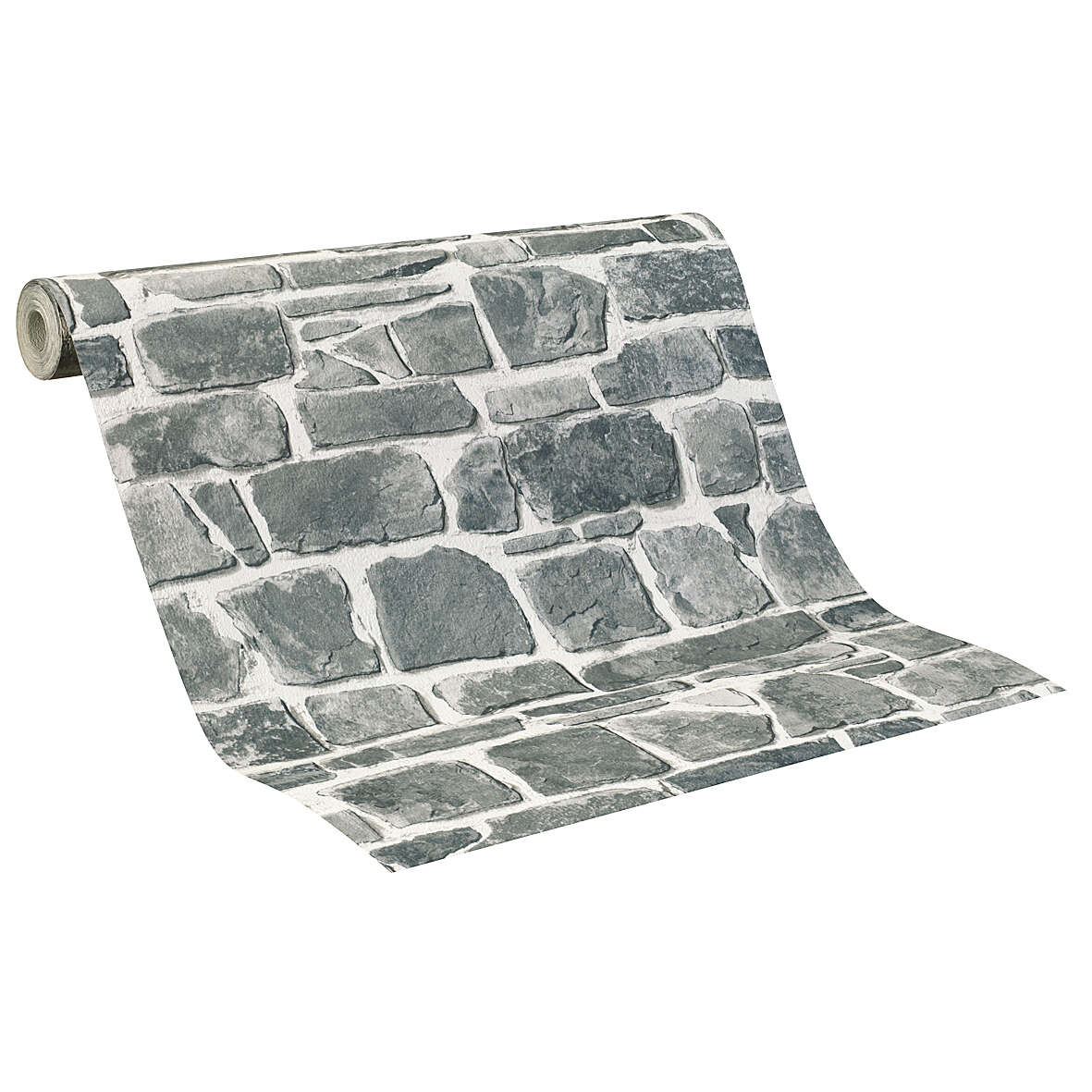 10-265620 Rolle abgerollt 1 Unrolled wallpaper roll with Grey wallpaper with a textured stone pattern for rustic walls