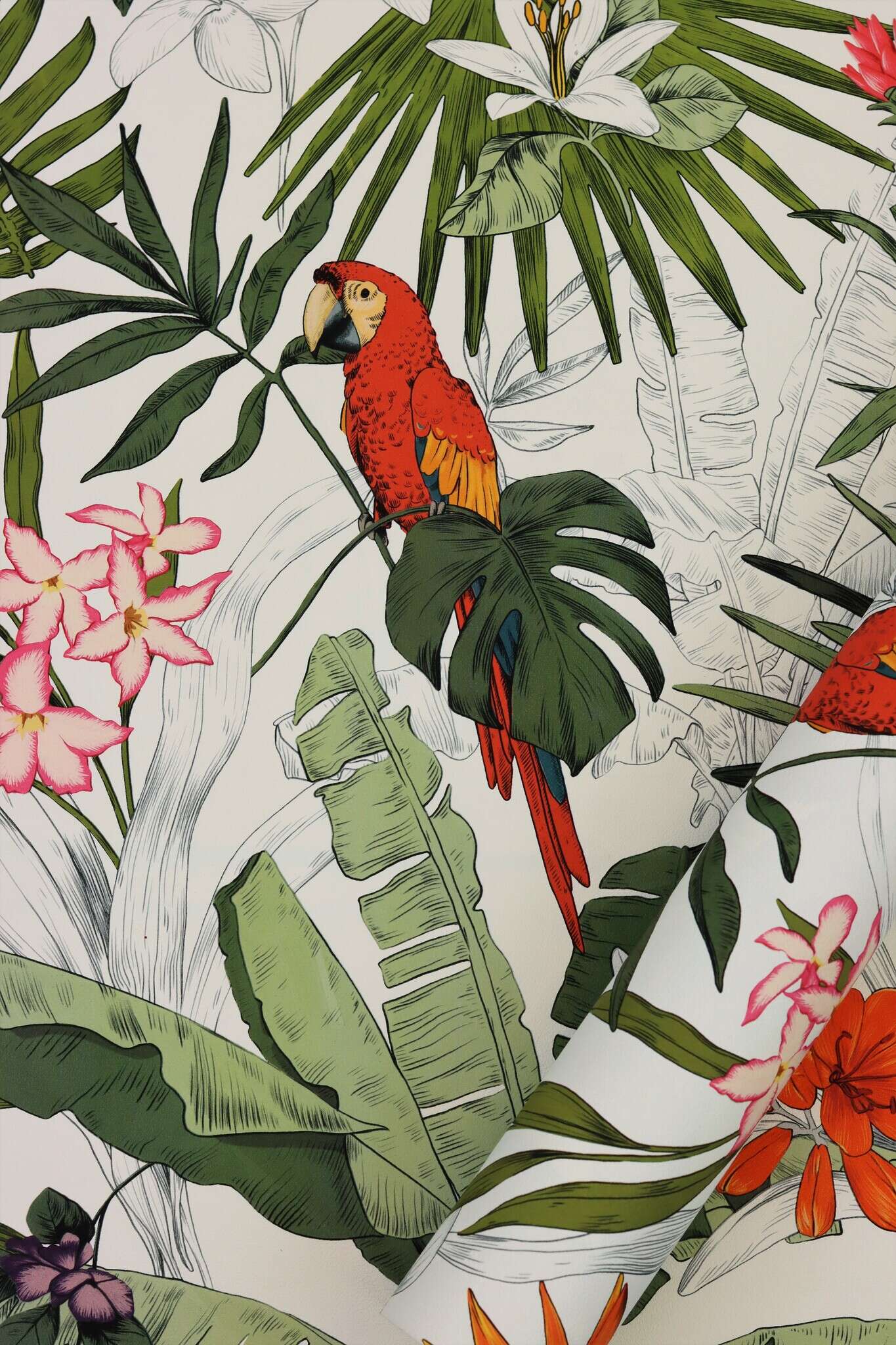 10-689907 Detailaufnahmen 4 Detailed image of Wallpaper with tropical plants and parrots