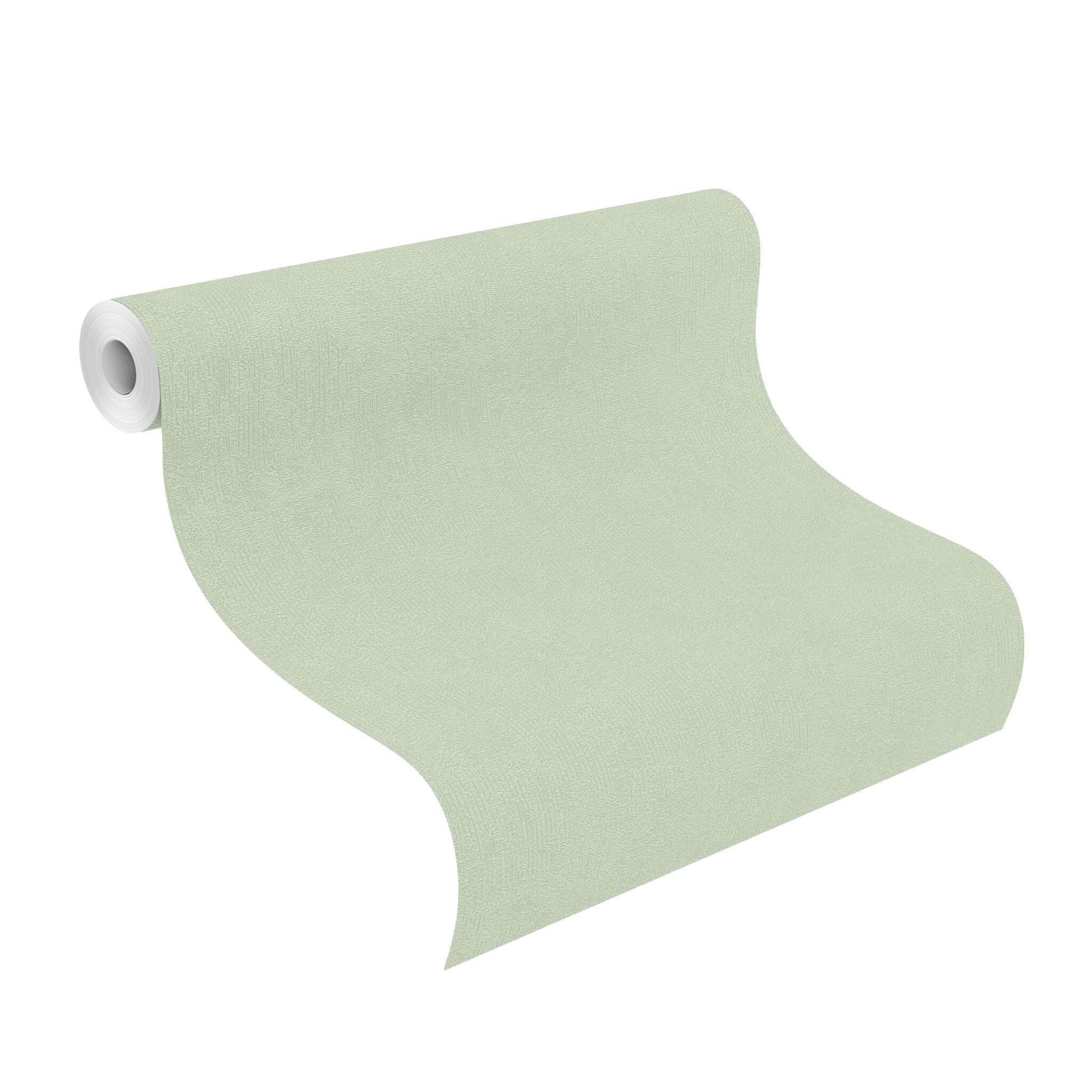 10-415377 Rolle abgerollt 1 Rollenabbildung mit Uni-Vliestapete in blassem Mintgrün mit matter, glatter Oberfläche.