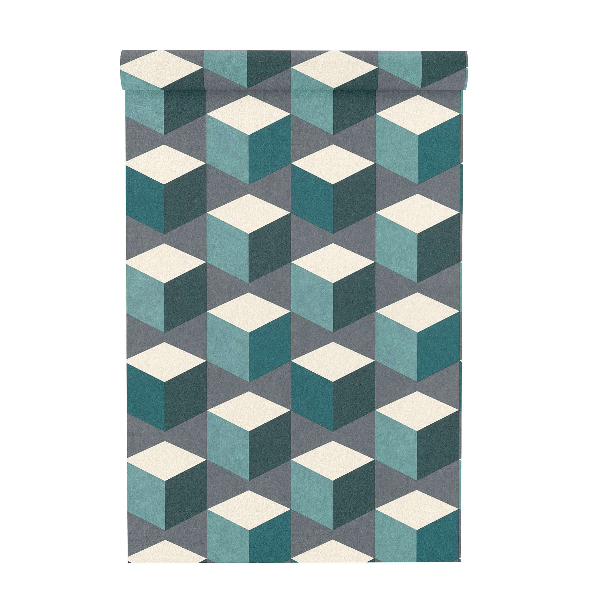 10-638370 Rolle abgerollt 1 Non-woven wallpaper 3D motif in gray, cream and petrol 638370