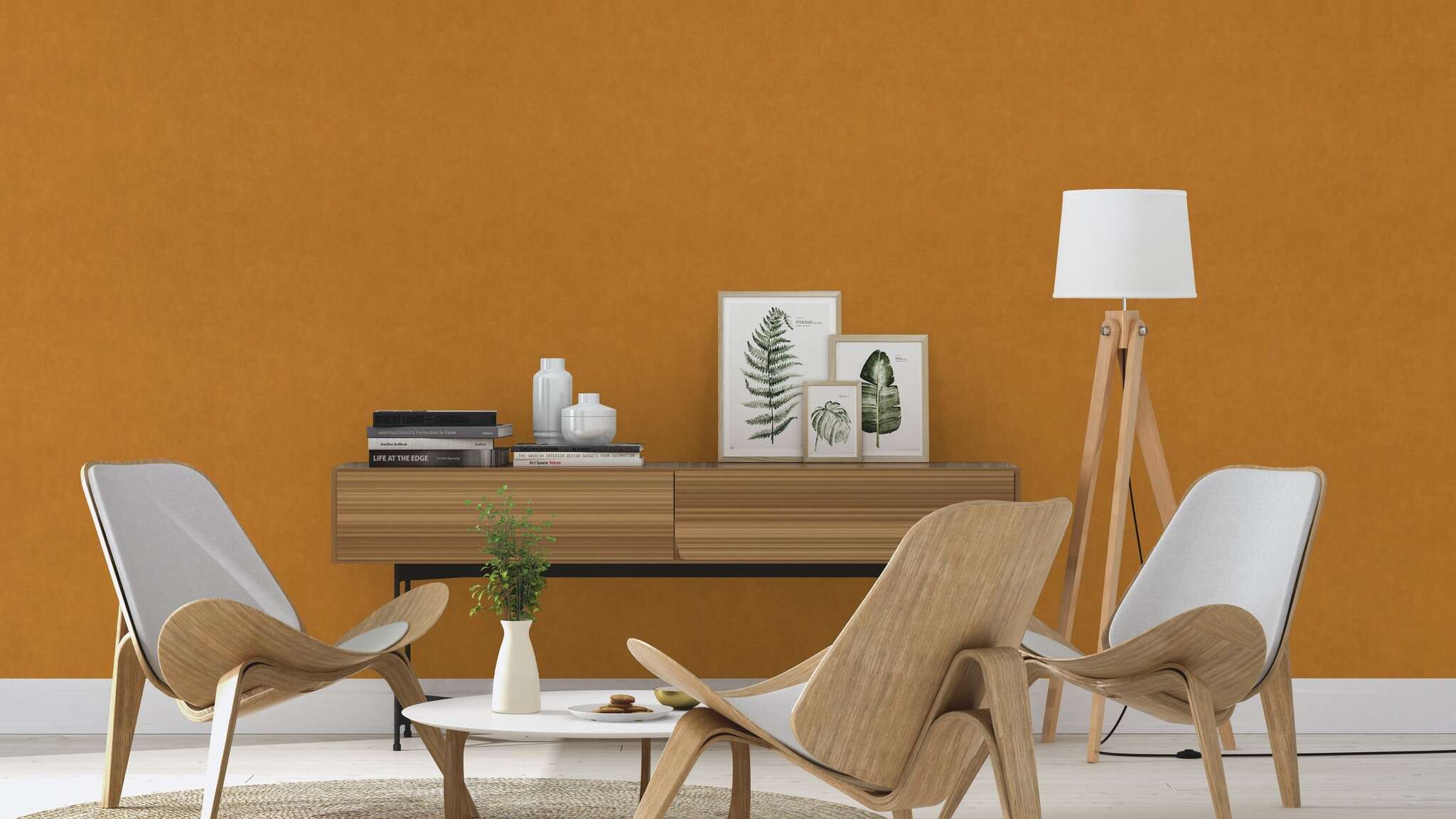 10-330137 Raumsituationen 2 Room with Strong wallpaper in warm mustard yellow with a finely woven texture – lively and modern.