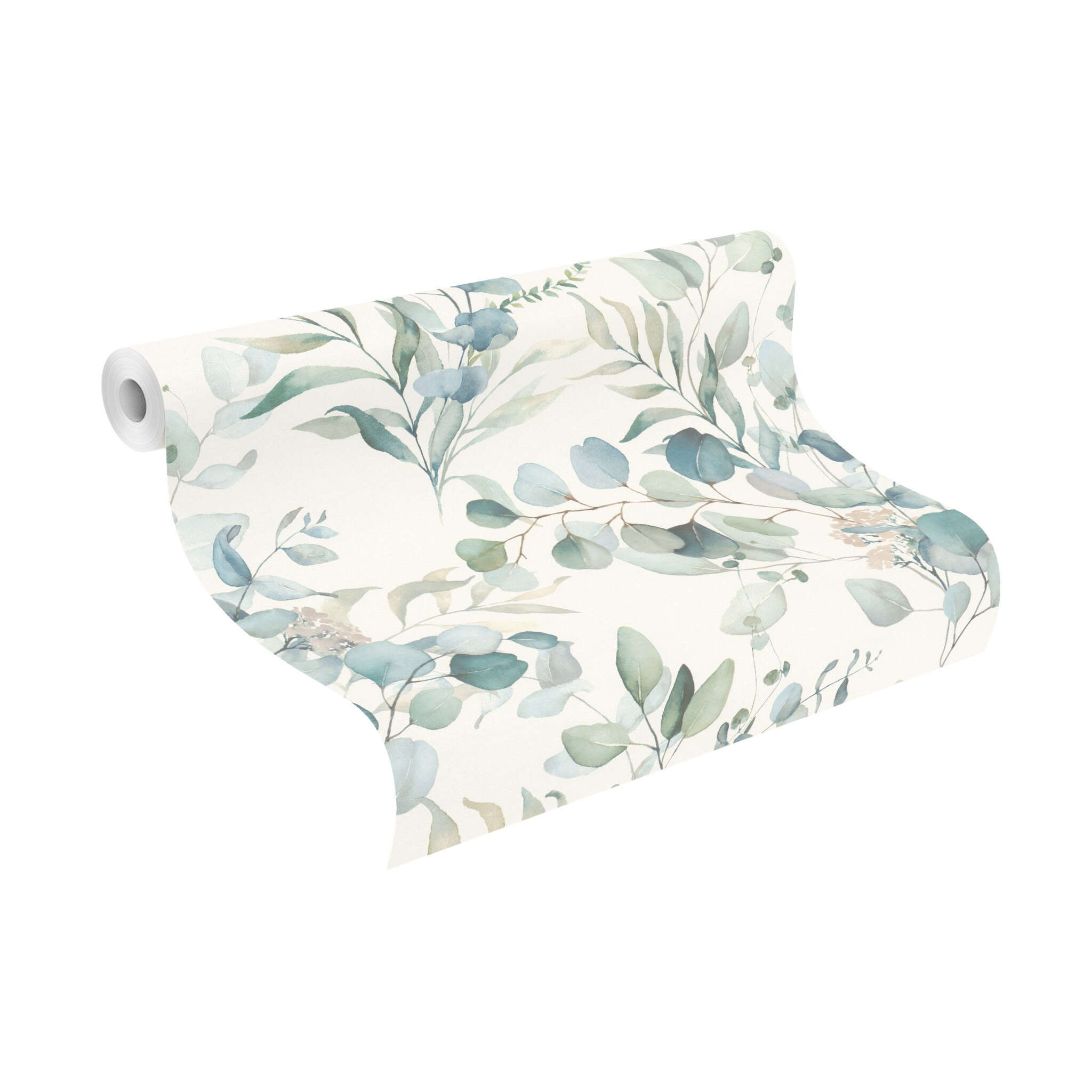 10-300215 Rolle abgerollt 1 Unrolled wallpaper roll with Watercolour-style leaf wallpaper with finely drawn eucalyptus and fern leaves in muted green and blue tones