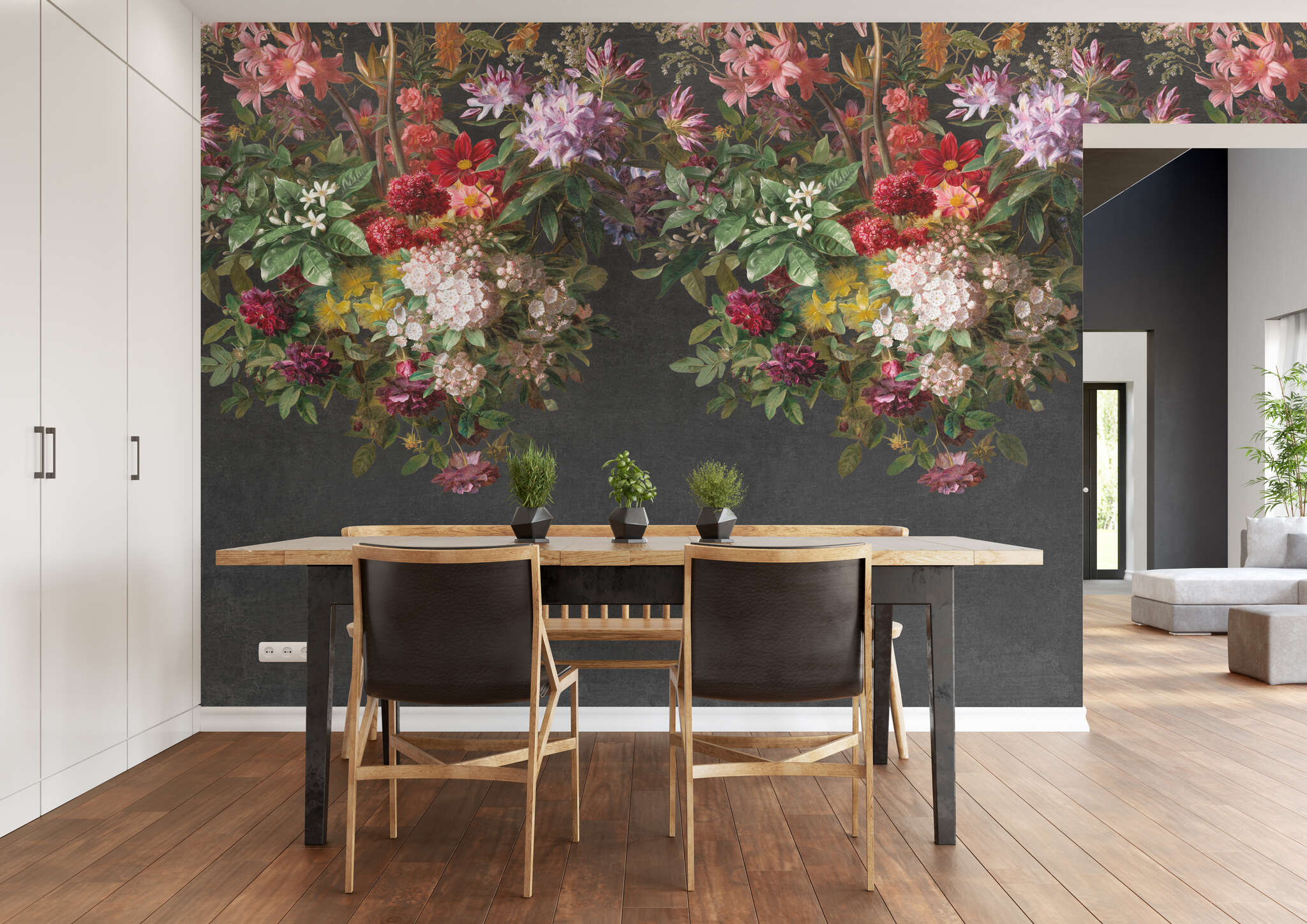 Esszimmer mit 361018 - Wandbild - Blütenpracht in kräftigen Farben auf schwarzem Hintergrund magicwalls photo wallpaper 361018
