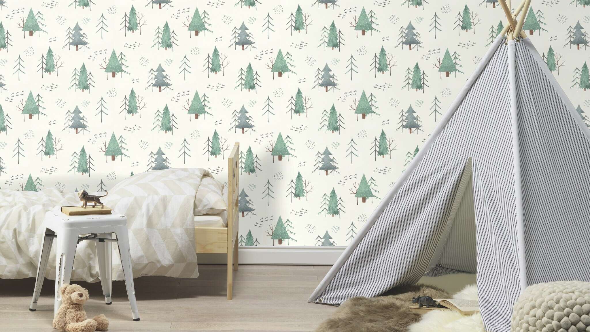 10-300734 Raumsituationen 3 Room with Playful children's wallpaper with hand-drawn fir trees and groups of birds in shades of green on a light background