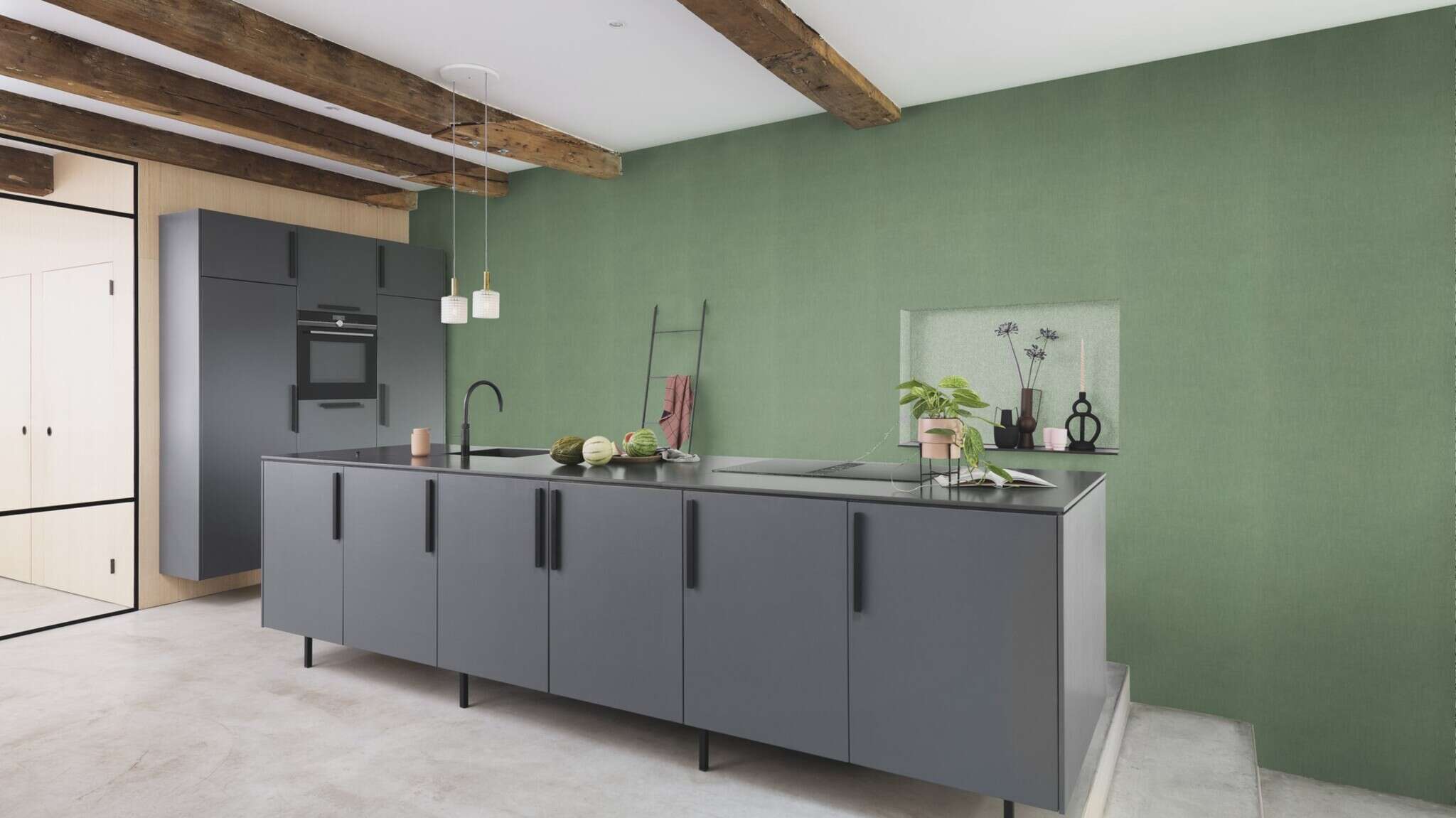 10-633191 Raumsituationen 3 Room with Single-colour wallpaper with a grainy textile texture