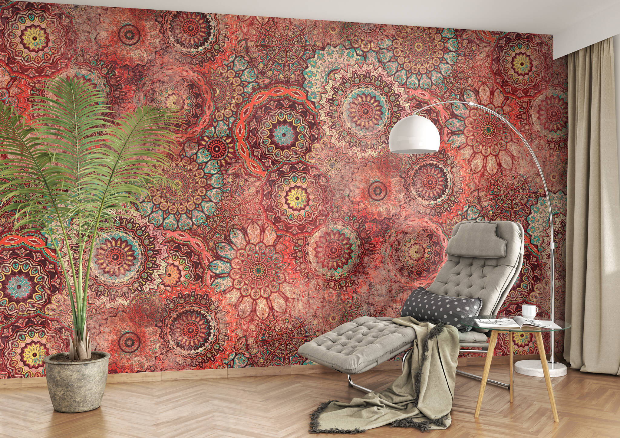 Lese-Ecke mit Wandbild - Prallvolle Mandala-Sammlung in Korallrot, Hellblau und Bordeaux mit wash-out-Effekten
