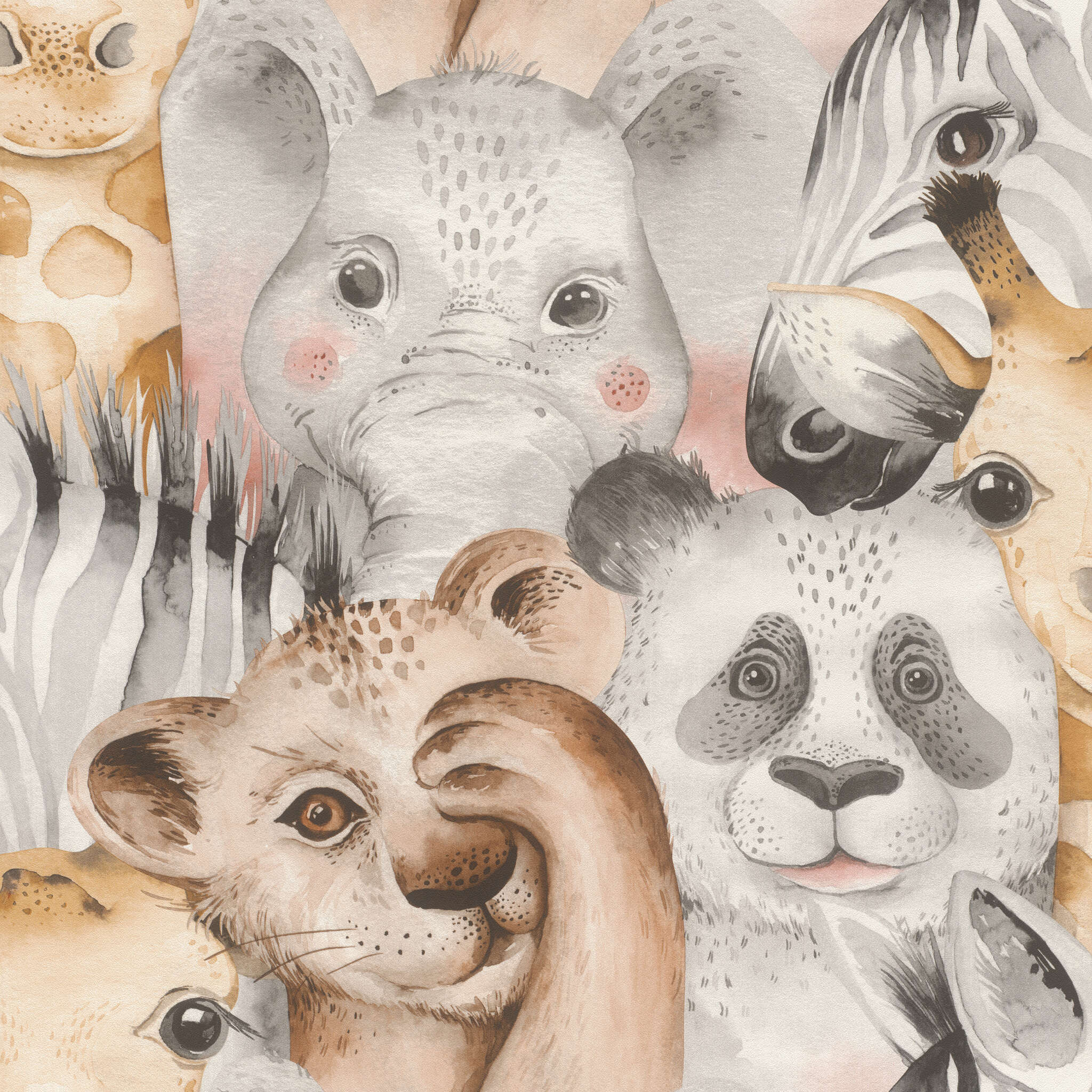 10-252590 Artikelscan 1 Child-friendly wallpaper with elephant, lion, zebra, giraffe and other animals in soft colours