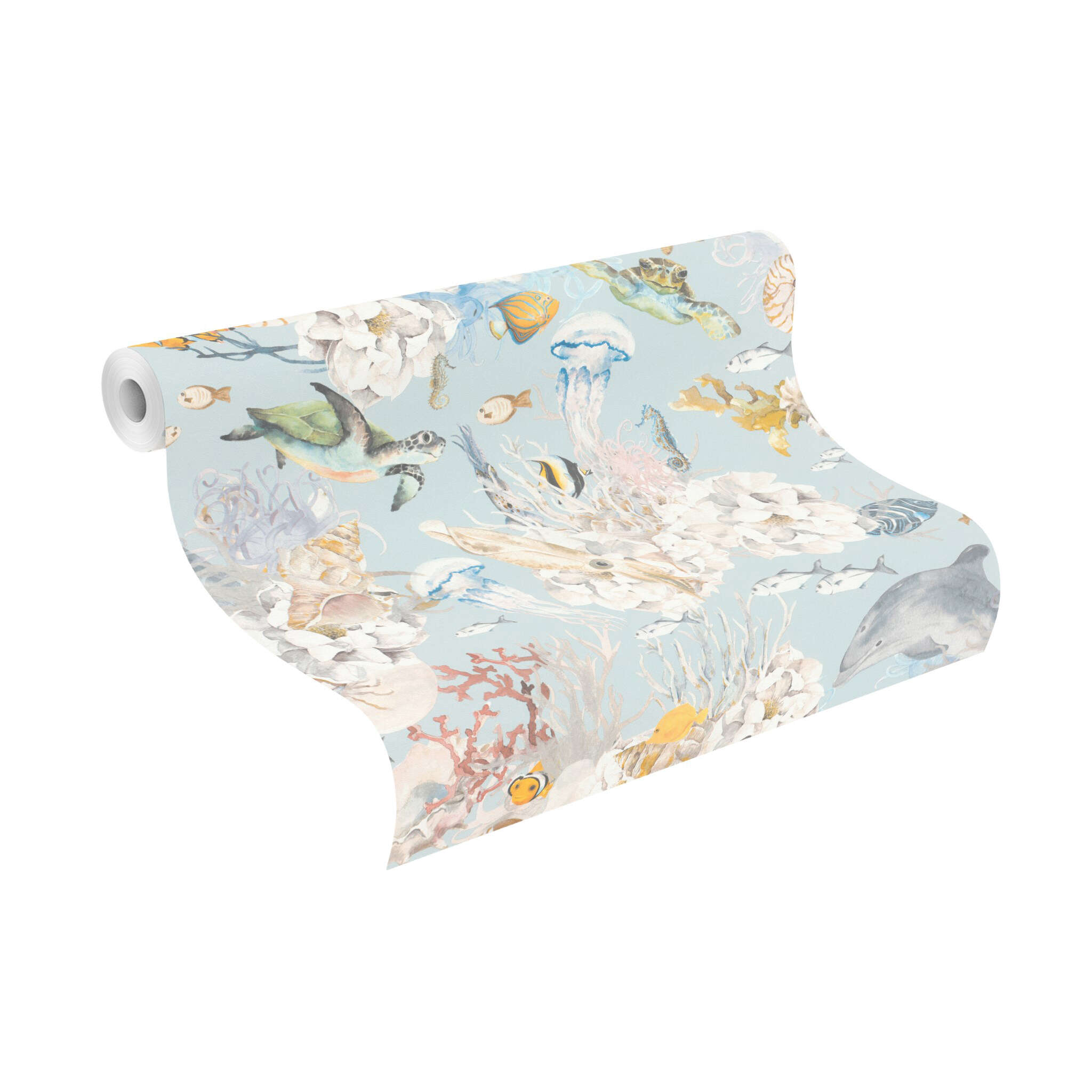 10-301328 Rolle abgerollt 1 Unrolled wallpaper roll with Underwater wallpaper with ocean motifs and colourful animals on a soft blue background – ideal for children's rooms