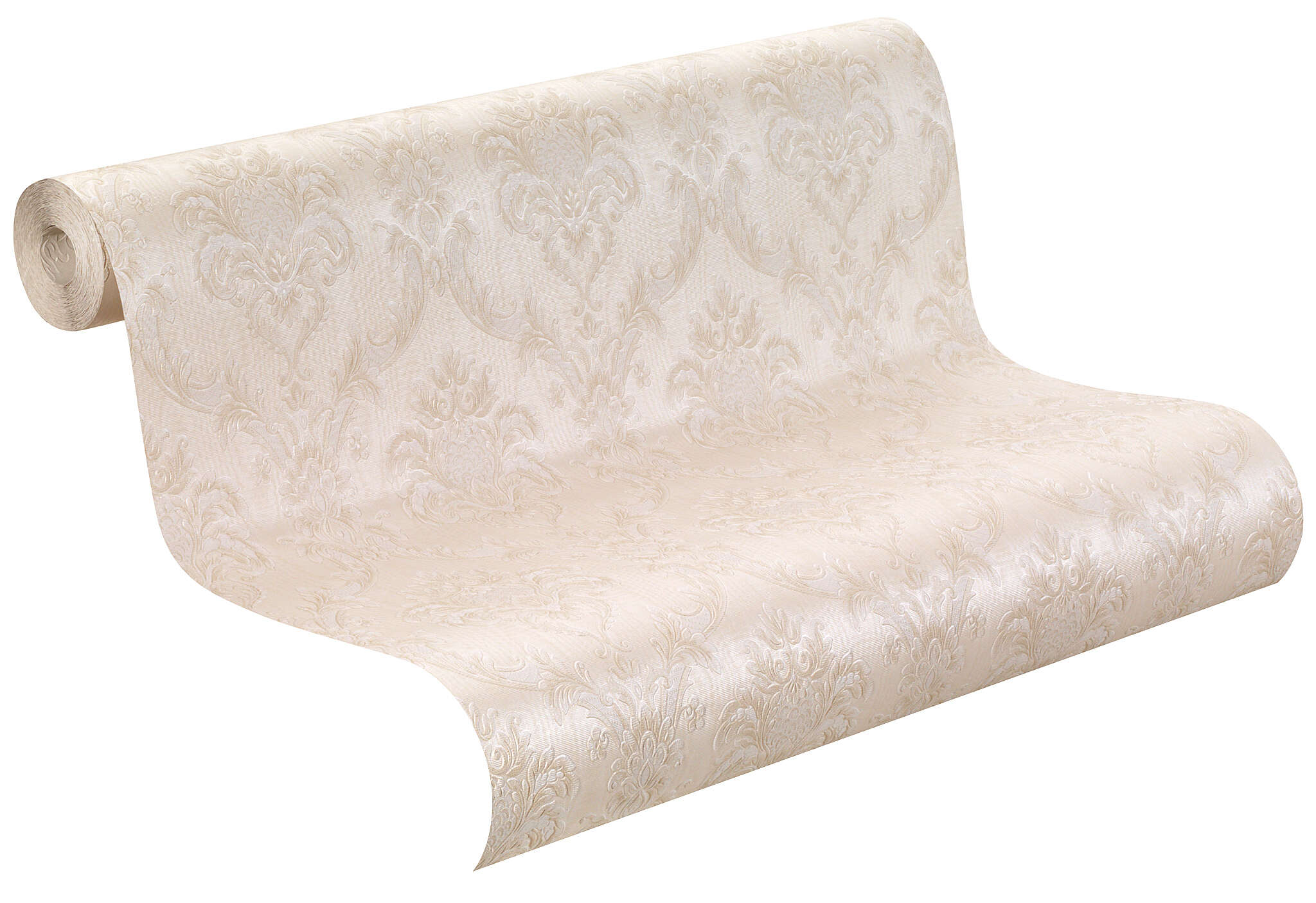 10-147919 Rolle abgerollt 1 Rollenabbildung mit Ornamente auf glänzender Dupionseide in Beige & Creme